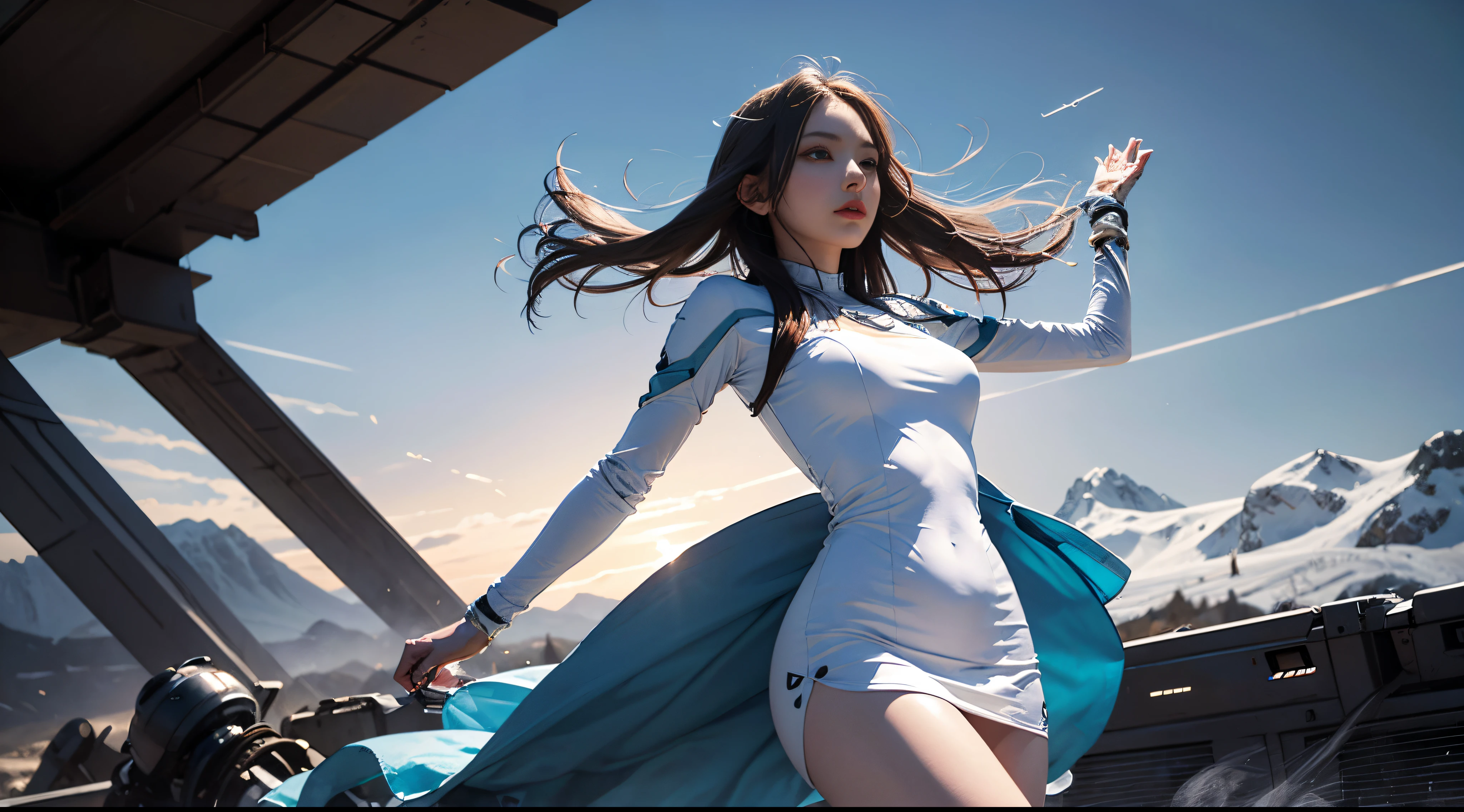 Unbeatable masterpiece, ultra real photo , Perfect artwork , Complicated details , Best quality , strong lights , hight contrast , dynamicposes , holland angle , ((depth of fields)) , girl , tight white dress , Suspended in the air , Strange ball man design , smokes , Flying sky , blue flame , Time Knight Advanced Technology , advanced civilization , mechanical design , turbine , white color mecha ,Drive a spaceship,Ride mecha products