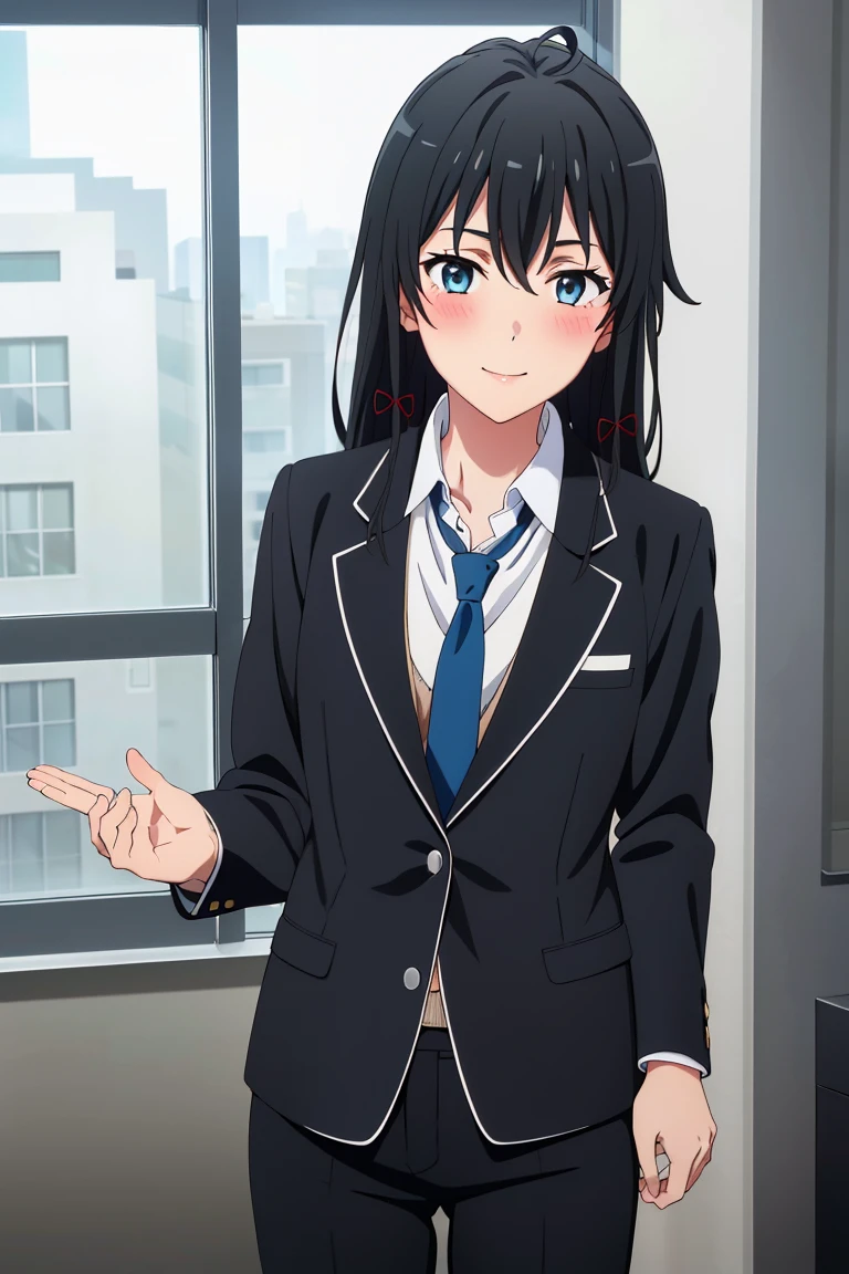 masterpiece, best quality, highres, absurdness , yukinoshita_yukino, 1girl, ahoge, black hair, aqua eyes, red ribbon, anime , yukinoshita yukino in a suit and tie standing in front of a window, 1girl, solo, necktie, black hair, blue eyes, long hair, smile, jacket, looking at viewer, shirt, pants, blue necktie, collared shirt, white pants, white shirt, indoors, bangs, long sleeves, closed mouth, window, black jacket, blush, cowboy shot, formal, suit