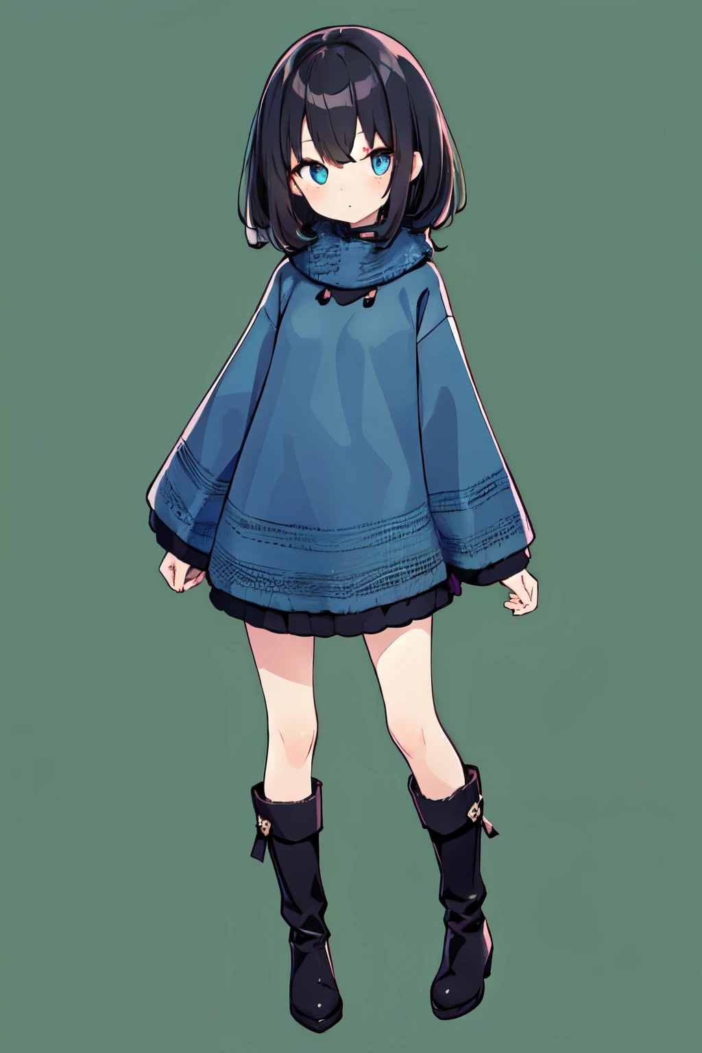 (masterpiece, best quality), high detailed, 1girl, solo, , emaciated, small breast, kawaii, black medium hair, messy hair, dark blue eyes, detailed pupils, woolen poncho, tights, boots, full body, standing, looking at viewer, front view, (no background, green background)