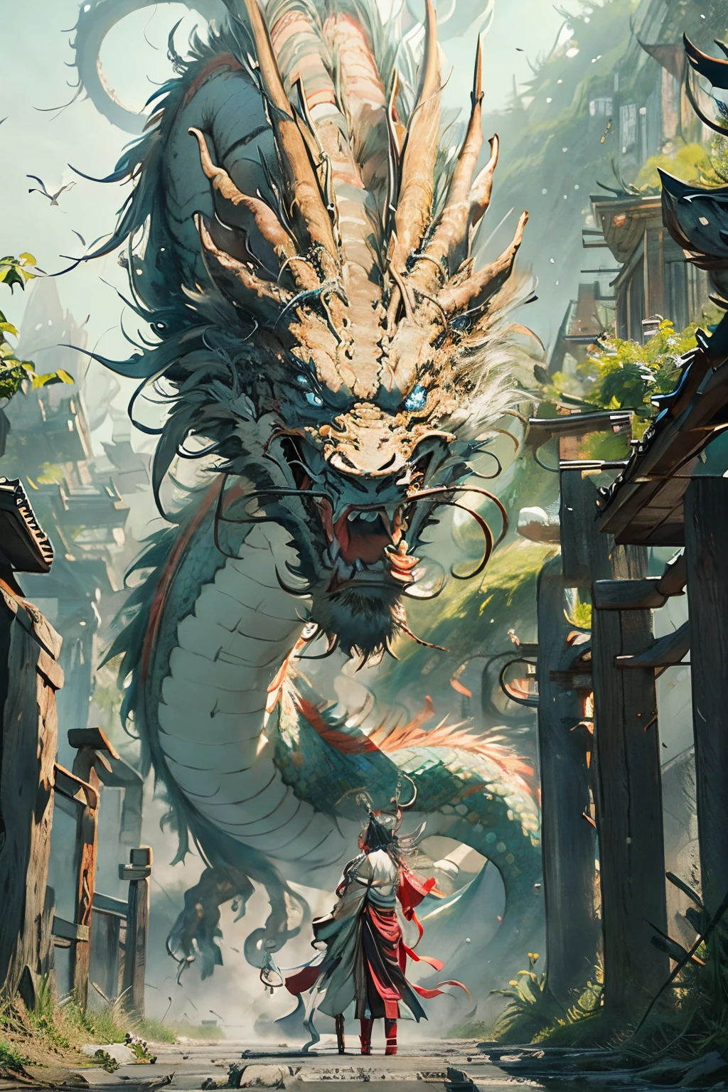 A Chinese dragon with a bird's head，Ancient architecture，full body front