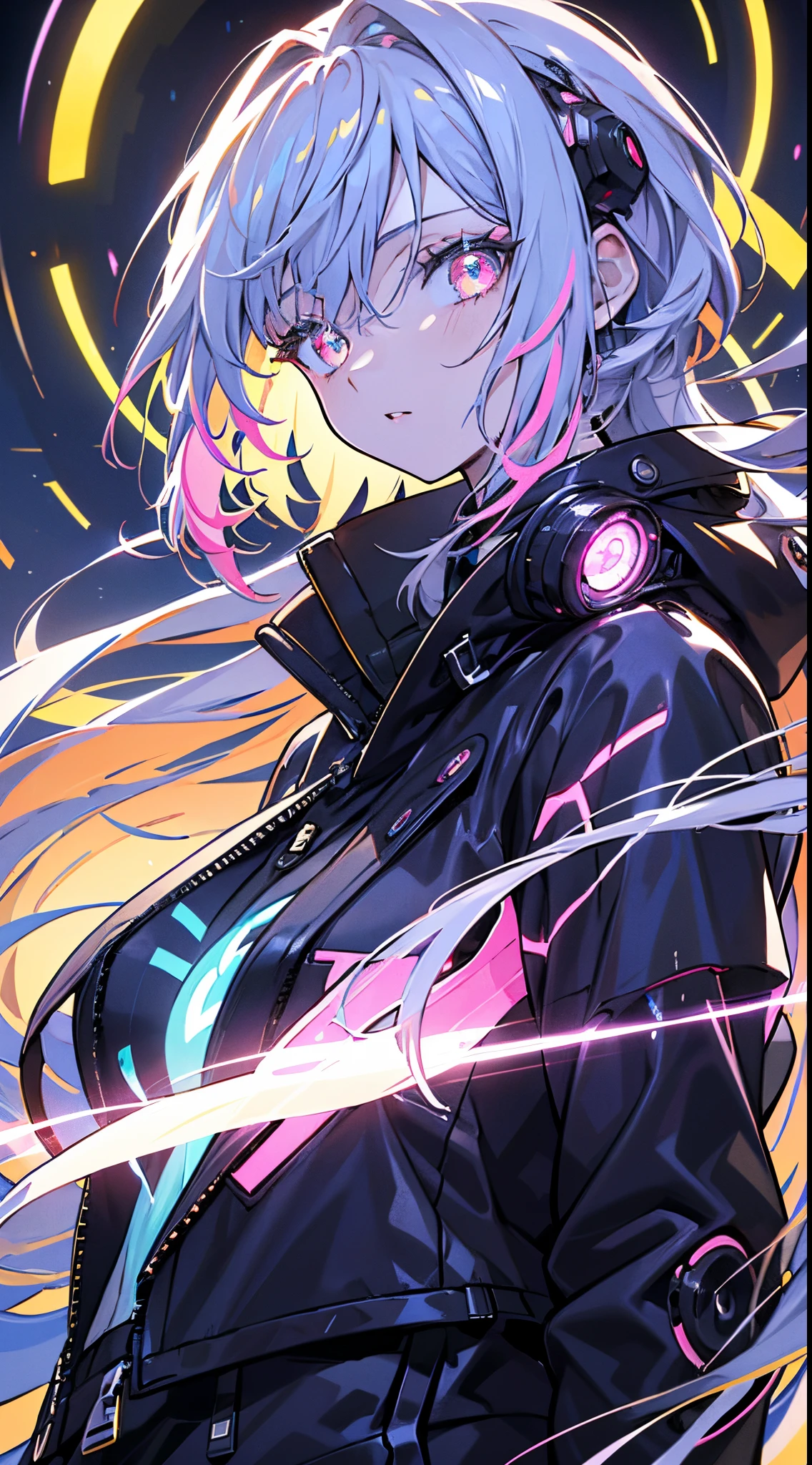 glowing eyes, colourful glowing hair, wearing sci-fi jacket, anime style, high detail, Futurism, glowing light, UHD, retina, masterpiece, ccurate, anatomically correct, textured skin, super detail, high details, high quality, award winning, best quality, highres