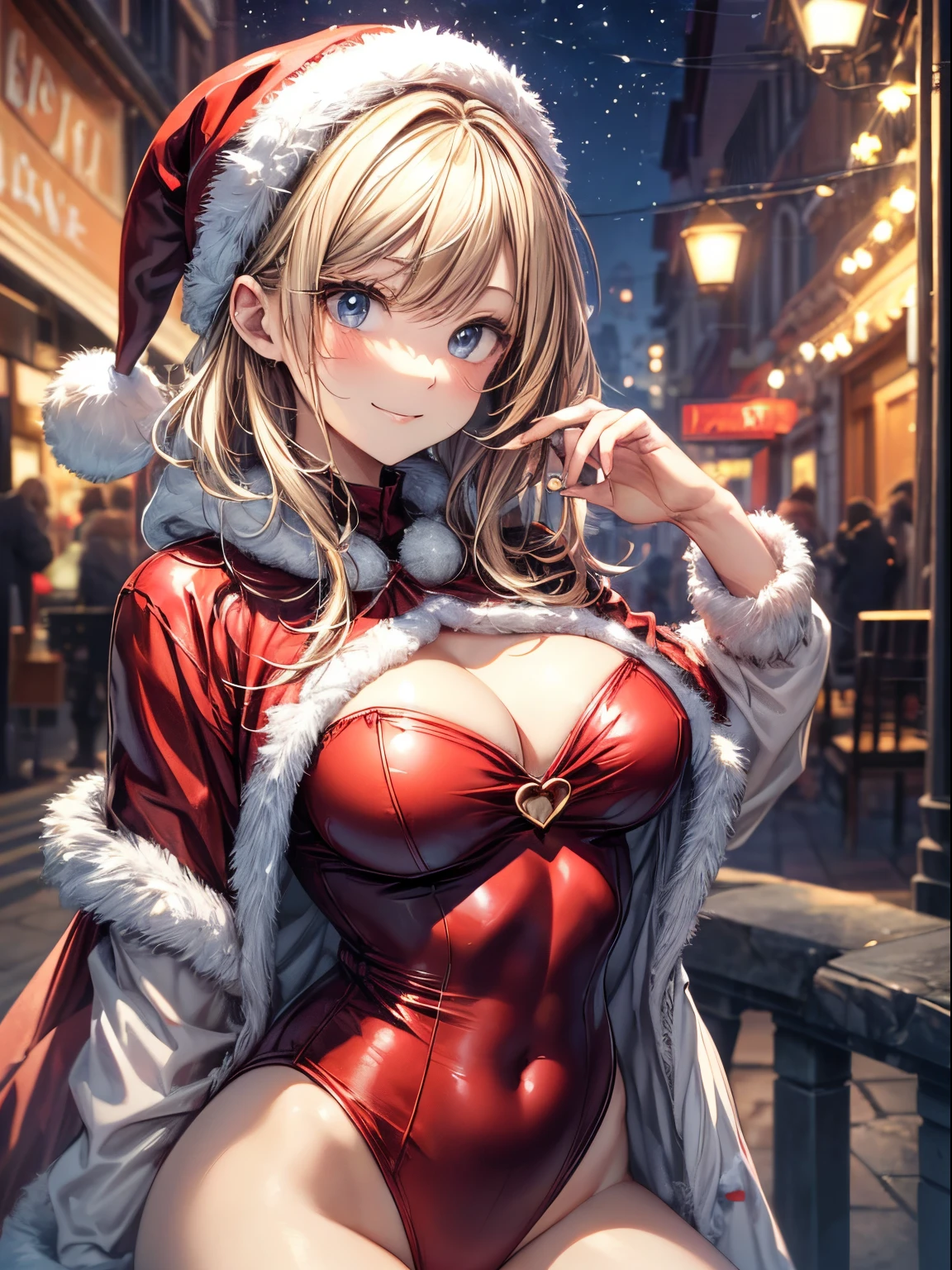 top-quality、Full limbs、complete fingers、Slender beauty、Women with straight hair、((Women with blonde hair))、Women with medium hair、(Beautiful busty woman:1.3)、Santa Claus Costume、(red santa claus leotard)、red santa claus hat、red santa claus cloak、White pantyhose、 Street trees at night、Christmas tree、Christmas Lights、Winter scenery、A big smile