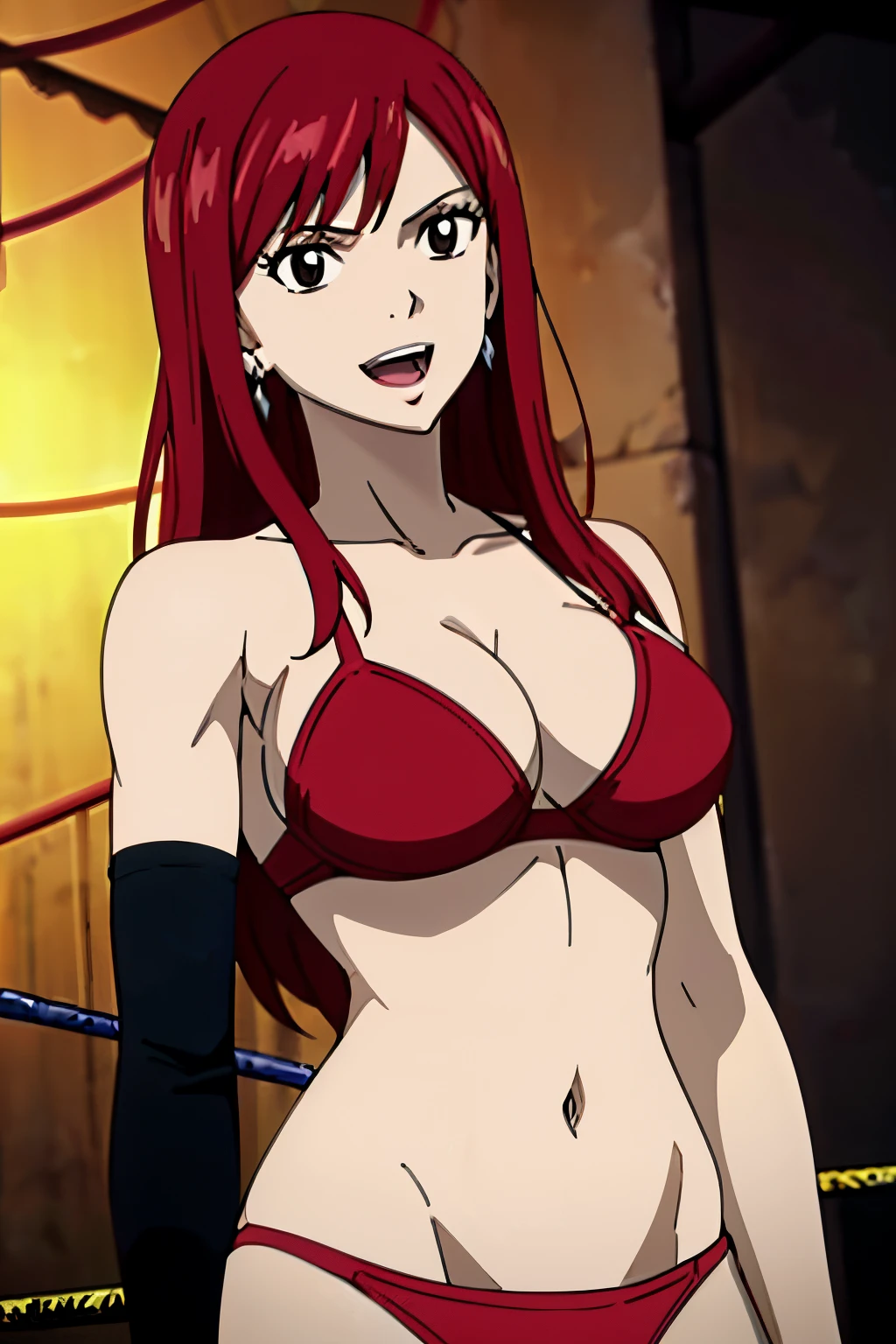 ((double bra, red bikini top, black bikini top, center body view)), (very little biceps, seductive), (((very detailed wrestling ring with three wires, titration screen))), spotlights, please prioritize (best quality, 4k, 8k, highres, masterpiece:1.2), ultra-detailed, and (realistic, photorealistic, photo-realistic:1.37) rendering. ((looking at the viewer)), ultra detailed face, perfect anatomy, 8k, perfect body proportions, highest quality, 1girl, solo, happy, smile, ERZASCARLET, cleavage, off-shoulder, tall girl, (shiny hair), detailed red hair, open mouth, very big eyes, long belly, wide shoulders, For the image quality, To enhance the visuals, add HDR, UHD, studio lighting, ultra-fine painting, sharp focus, physically based rendering, extreme detail description, professional, vivid colors, fingerless gloves, elbow pad, earring, diffusion