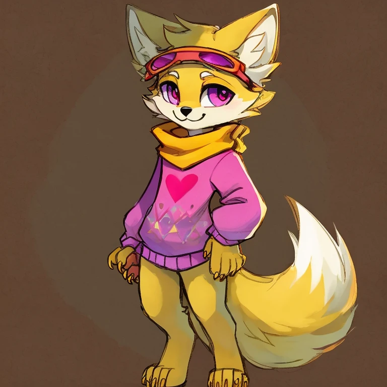 (A character), (Fox with yellow fur and white chest), (under the snout is white), (yellow fur), (tip of the tail white), (wears a magenta sweater), (light blue scarf), ( yellow cap with orange visor), (orange visot), (magenta eyes), (slender and fit body), (appears apparently thin but strong), (relaxed expression), (male), (medium height), (solitary), (solo), (white eyebrows), (yellow legs), (yellow hat), (golden fur), (golden yellow fur), (small dark yellow claws), (4 toes on his paws), (magenta eyes), fluffy, (fluffy fur)