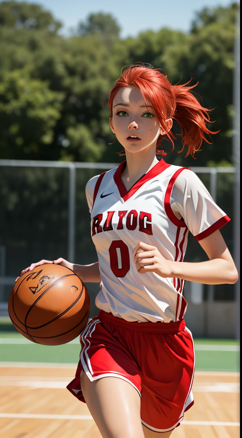 Masterpice, fantastic realism, bokeh, ultra detailed, 1girl, blond with (white skin),ultra green eyes, red hair, running, playing basketball, sweat, shiny skin, red uniform