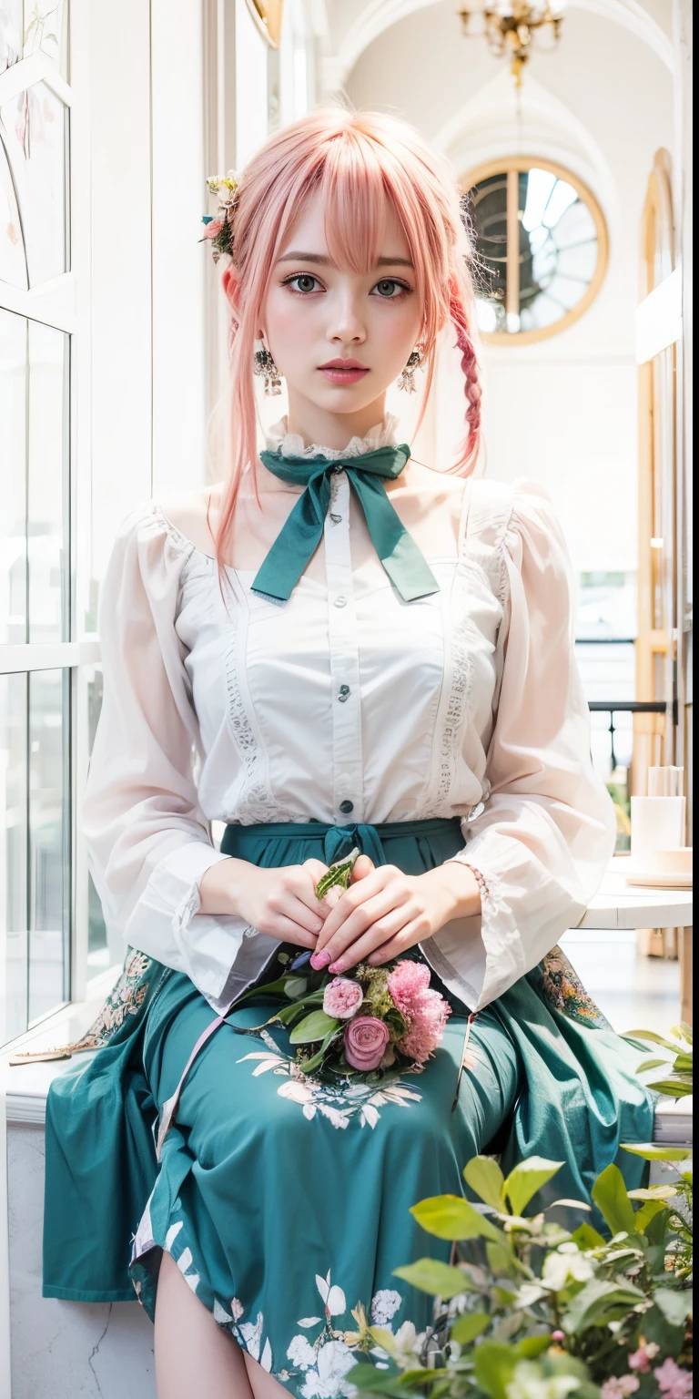 anime girl with pink hair and green dress sitting in front of a door
