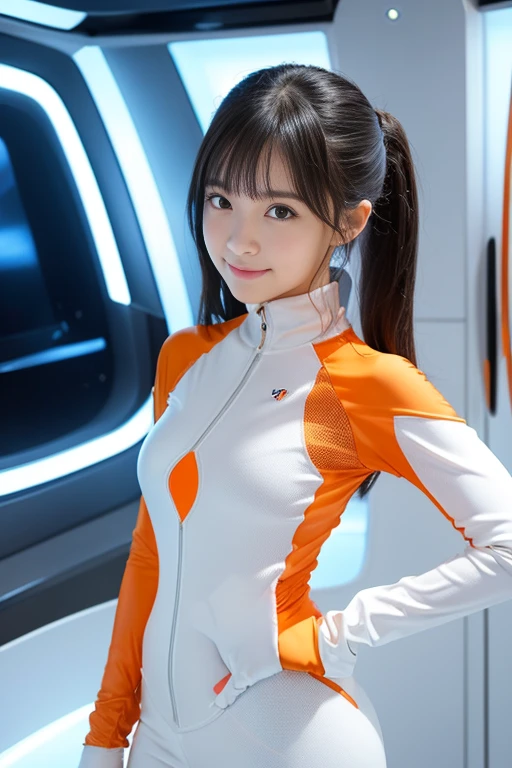(Place your index finger on your chin, bend the index finger, Shiny rubber suit, gazing at viewer, Leaning forward, 1 girl, Looking at Viewer, from the front side, facing straight at viewer, white and orange clothes, White Gloves, futuristic spacesuit, Inside the spaceship room),
Smile, Upper body, body suit, Mini Pencil Skirt, High neck clothing, Hide the neck, drooping eyes, Head tilt, masutepiece, Best Quality, an extremely cute girl, 20 years old, Black hair, orange line in the center of the clothes