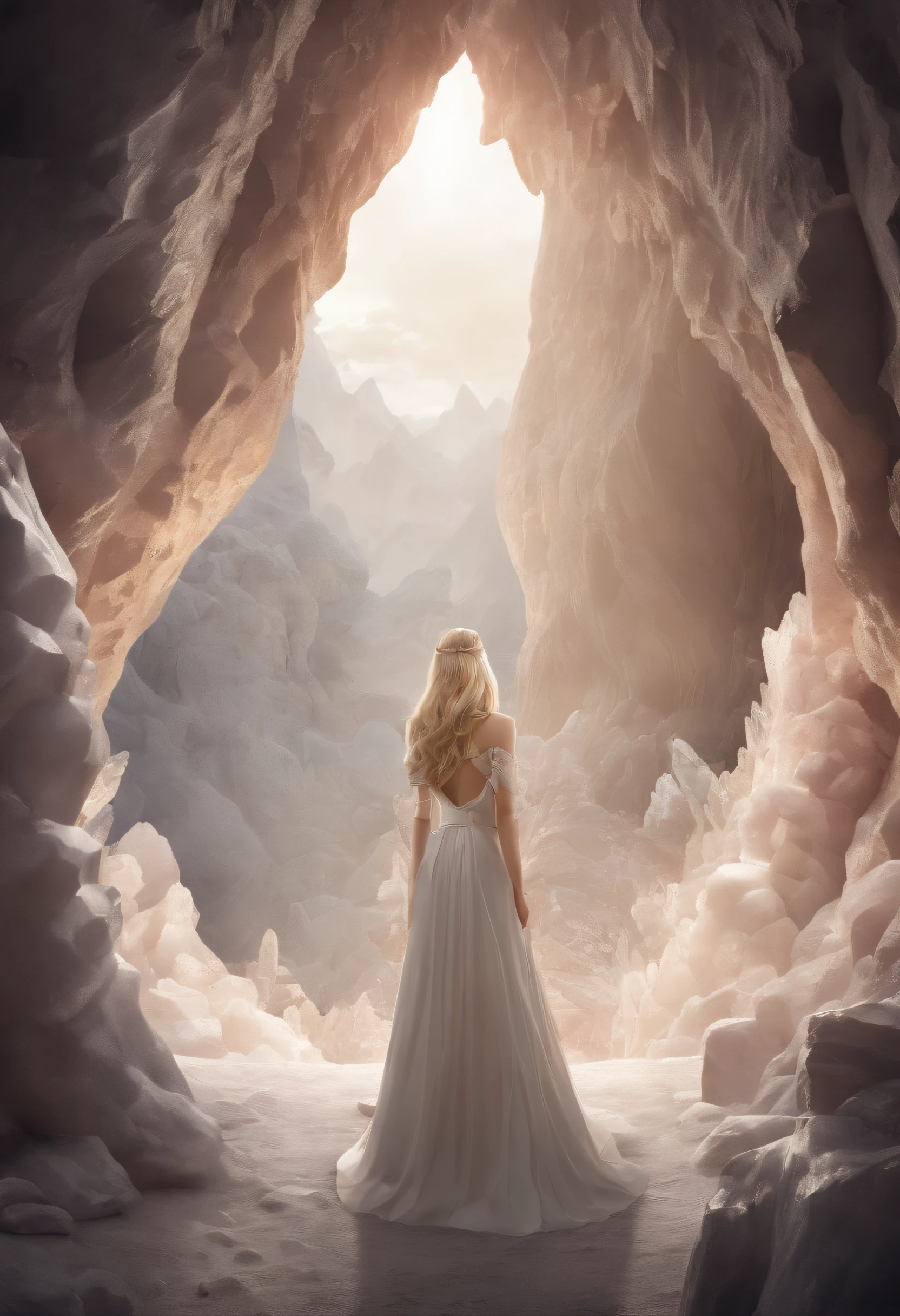 ((cave with crystal))、((crystal pillar))、(((The entire cave is made of crystal..))、((A beautiful blonde woman is sealed inside the crystal..、write))、((In a dark cave))、best composition、masutepiece