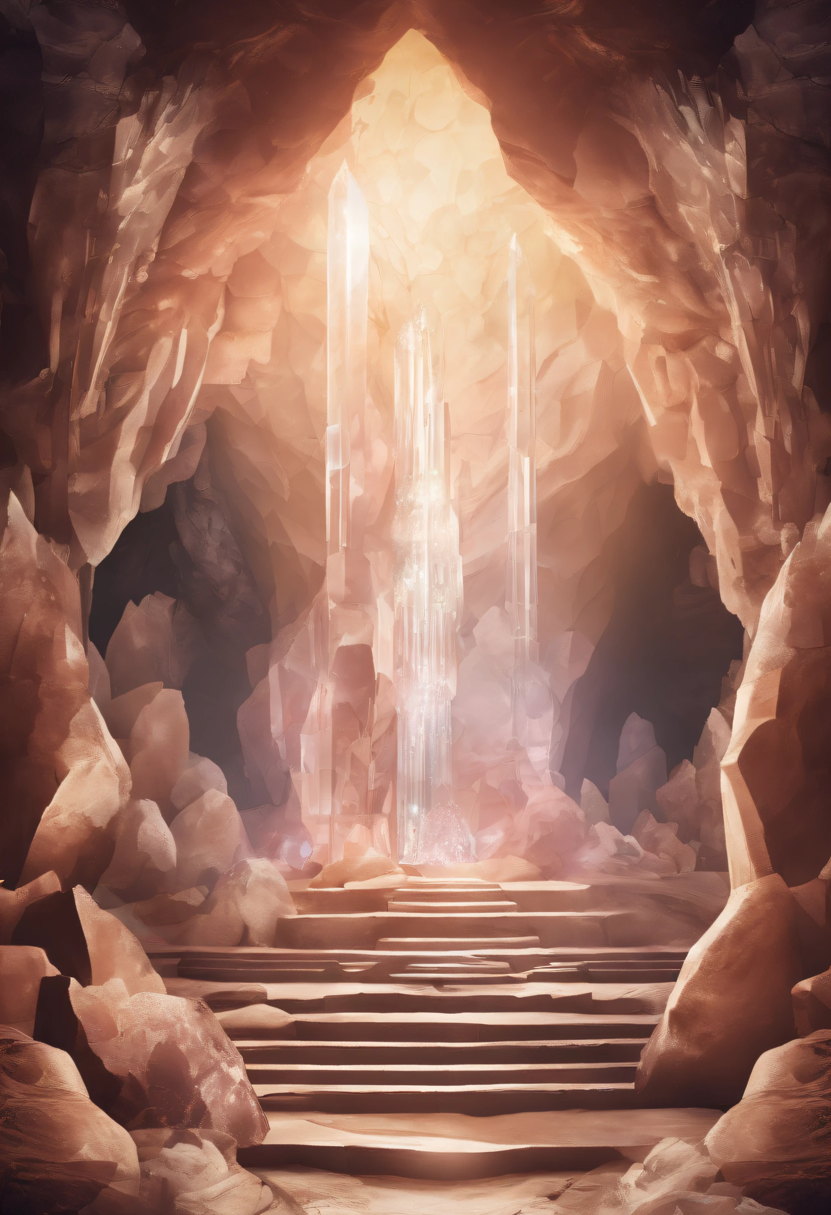 ((cave with crystal))、((crystal pillar))、(((The entire cave is made of crystal..))、((A beautiful blonde woman is sealed inside the crystal..))、((In a dark cave))、best composition、masutepiece