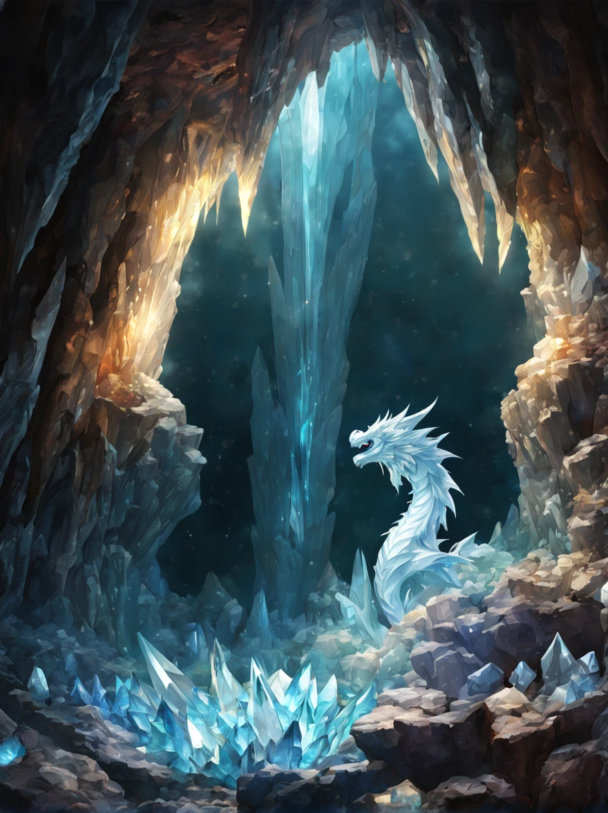 ((beautiful crystal cave)),crystals popping out from the wall,The crystal dragon that inhabits the area attacks.....!!!!!.,The air inside the cave trembles with the sound of the dragon&#39;s cry.&#39;crying how bright.&#39;crying how bright.&#39;crying how bright.&#39;crying how bright.,A super beautiful dragon whose entire body is made of crystal.....,Dynamic Pose, and beautiful crystals,scattering crystal,kirakira,cave made of gems,​masterpiece,photoRealstic,8K,dynamic compositions,Dungeon and Dragon,Guild wars,light reflects on crystal,Light from the ceiling,Fantasia