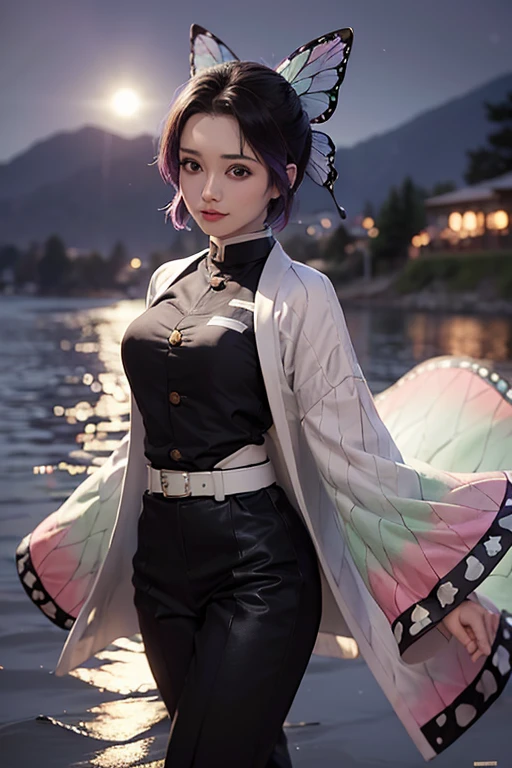 hyper realistic,(((night))), beautiful face, perfect, white skin, 1girl, looking at viewer, perfect girl, full body, (((standing))), blurred background, (((on a lake))), perfect body, Solo, (((Masterpiece)), seducing, Eyes wide, slim waist, sexy posing, slim tight, 1girl, solo, kochou shinobu, butterfly hair ornament, purple eyes, multicolored hair, short hair, parted bangs, forehead, haori, wide sleeves, long sleeves, black pants, black jacket, belt