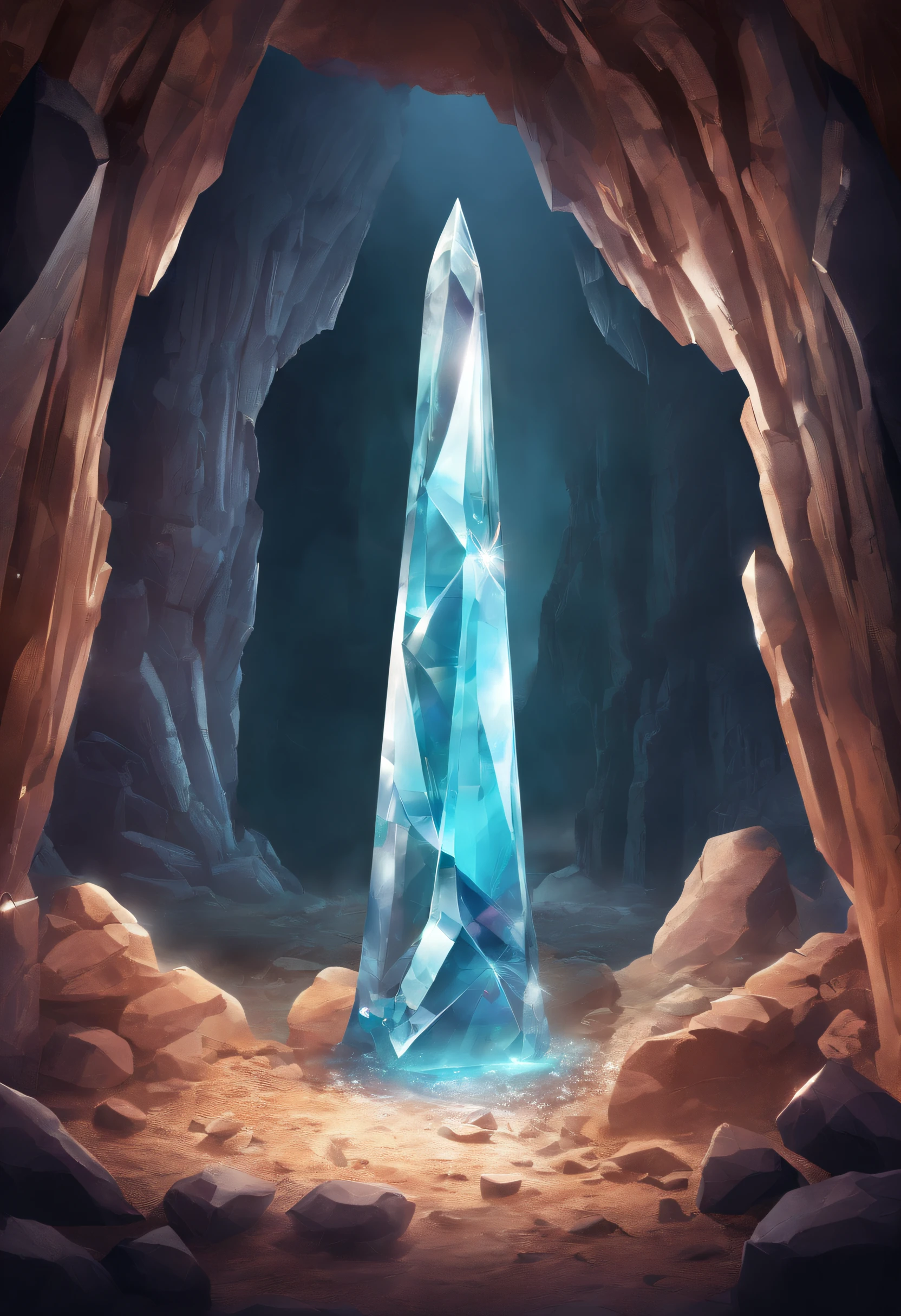 ((cave with crystal))、((crystal pillar))、(((There are crystals all over the cave.))、((In a dark cave))、best composition、masutepiece