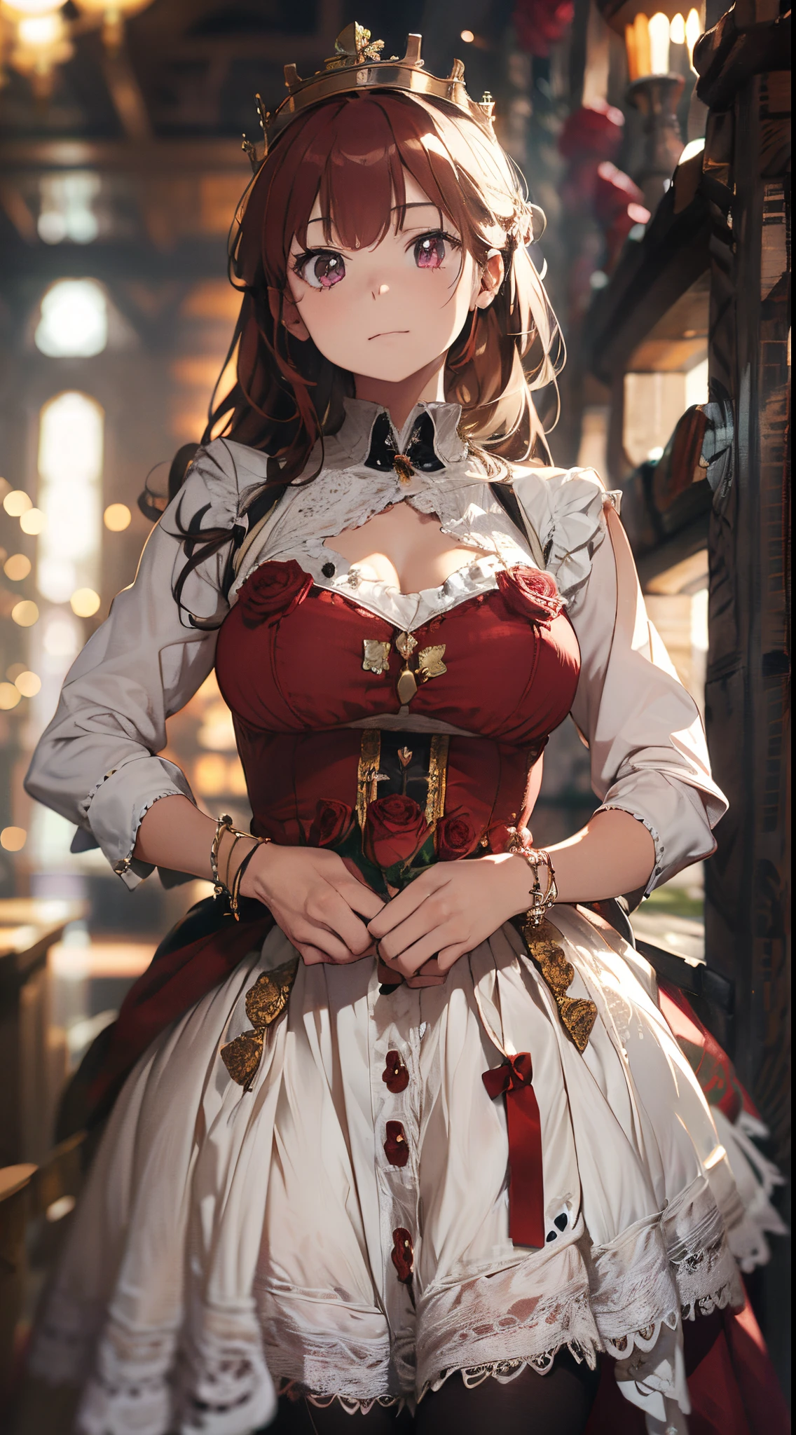 (The highest image quality, master piece:1.2), (Ultra Definition Illustration), (very beautiful matured queen:1.3), (sleeveless gorgeous queen red dress with roses:1.3), armpits, mean face, evil smile,