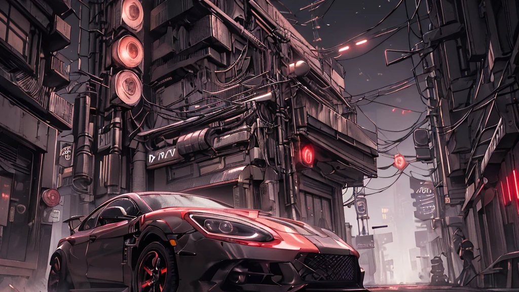 there  a woman in next to a motorcycle, a Nekomata catgirl, solo, white ((twintail hair)), red iris (eyes), slender body, slender hips, big breasts, nipple contours, wearing full black ((heavy cyberpunk armor)) with red lighting, (black tech jacket)), black cyber cat ears woth red lights, science fiction, cyberpunk city in the background, black ((Skin Tight Armored ripped leotard with red lights)) In the Style of Cyberpunk 2077, in a crowded cyberpunk city, squatting towards the viewer, legs parted, visable cameltoe, visable vuvla,  Ultra realistic photo, masterpiece, best quality, CG, wallpaper, HDR, high quality, high-definition, extremely detailed, {beautiful detailed face}, {beautiful detailed eyes}, (detailed light){{intricate detail}}, {highres}, ((detailed face)), Red lights, chiaroscuro, key visual, intricate detail, highly detailed, breathtaking, vibrant, cinematic