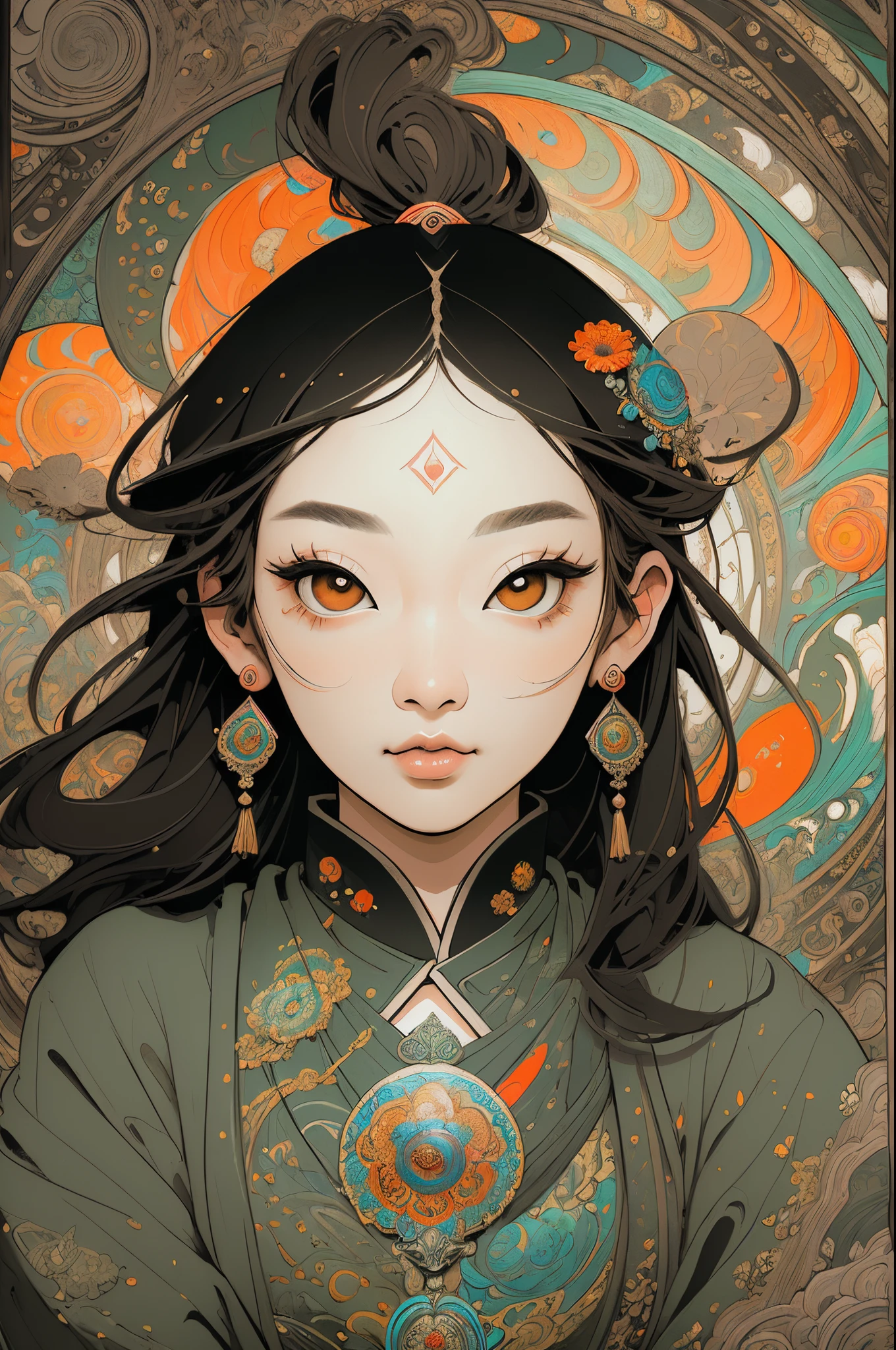 (Masterpiece, Best Quality, hight resolution:1.4), Detailed, intricate details, 4k, color splashes, line art, Art, Fibonacci, asian girl, shroom, psychedelic art, Beautiful charming face,DMT details, trippy, Tarot card style, Show all objects