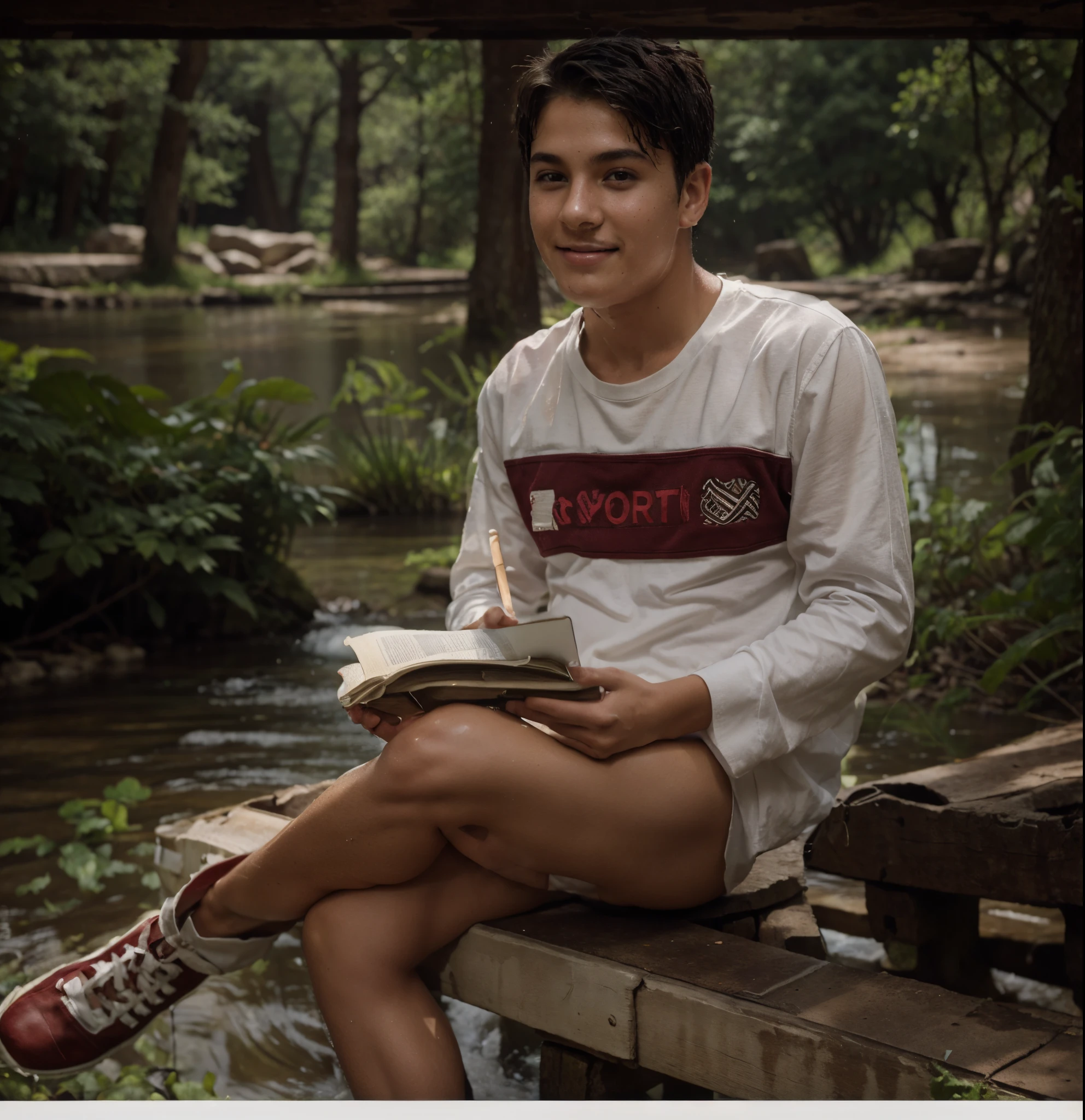 teenaged, High school student, Short hair, Next to a stream in the woods, Happy expression, Kale, exposed, Without linen, hot weather, Abs, full - body, Single, bare footed, Naked, wet all over the body, Gorgeous pose, sexy, Smiling face, smirk, excitement, passion