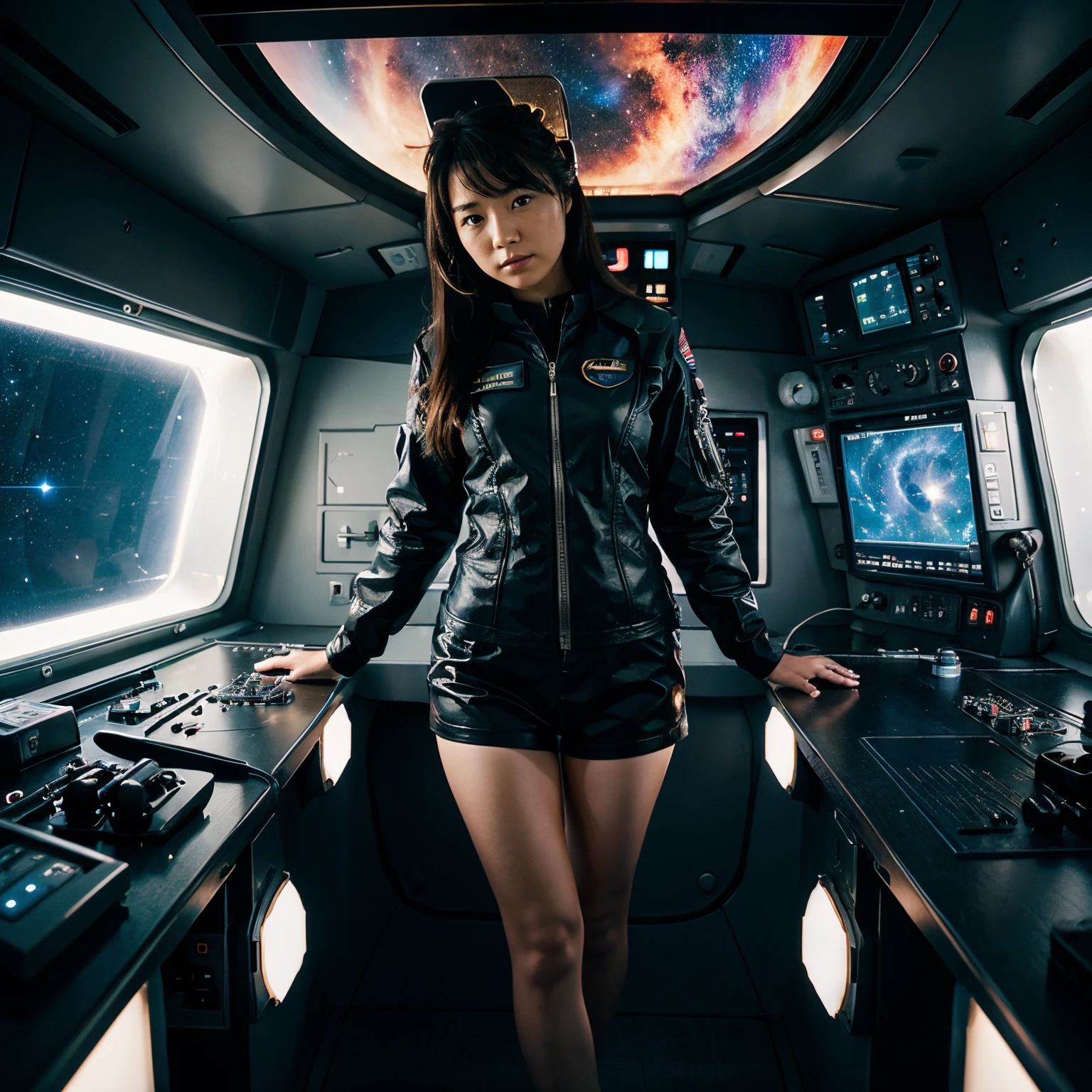 starship, pilot, bridge of ship, Japanese girl, galaxy, outerspace