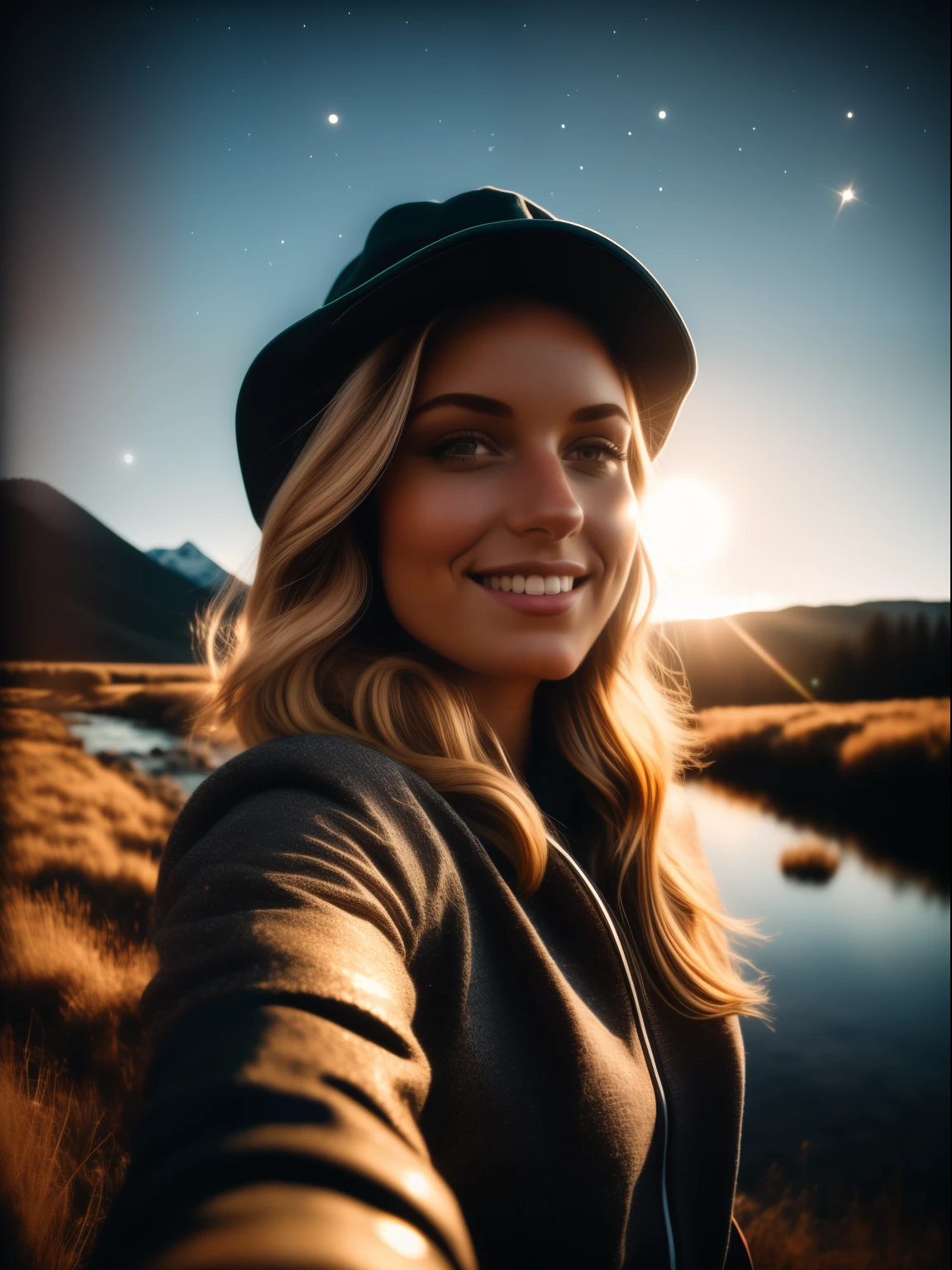 1 woman((upper body selfie, happy)), masterpiece, best quality, ultra-detailed, solo, outdoors, (night), mountains, nature, (stars, moon) cheerful, happy, backpack, sleeping bag, camping stove, water bottle, mountain boots, gloves, sweater, hat, flashlight, forest, rocks, river, wood, smoke, shadows, contrast, clear sky, analog style (look at viewer:1.2) (skin texture) (film grain:1.3), (warm hue, warm tone