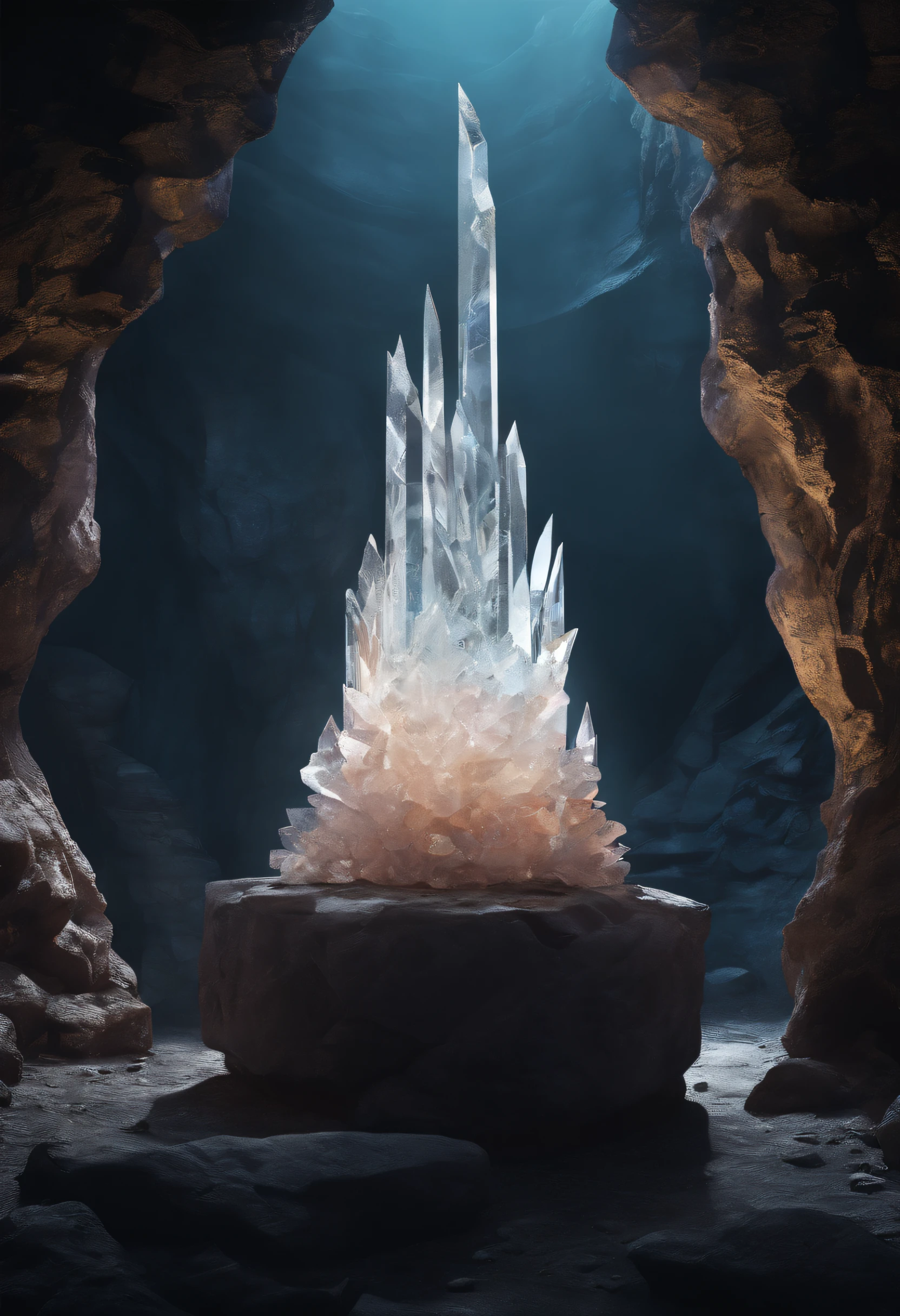 ((cave with crystal))、((crystal pillar))、((In a dark cave))、best composition、masutepiece