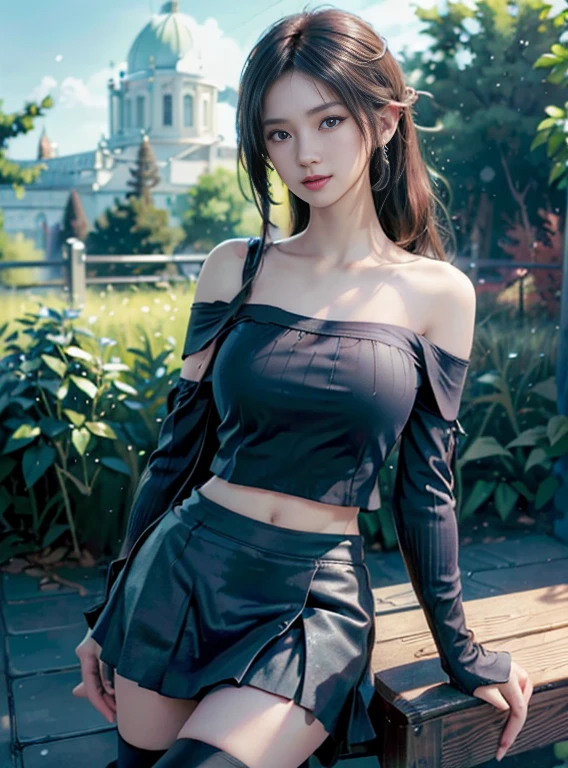 Best Quality, 超A high resolution, masutepiece, (Photorealistic:1.4), Solo Focus, (Slender body huge breasts young woman:1.photography, (Medium Wide Shot Cropped Leg:1.3), Three Quarter View Pose, (Cinematic lighting:1.2), Vibrant, Vivid Color, Detailed face, Detailed eyes, Random hairstyle, (off shoulder shirt, Mini skirt:1.2), (random place, Random seasons, Random weather:1.1)