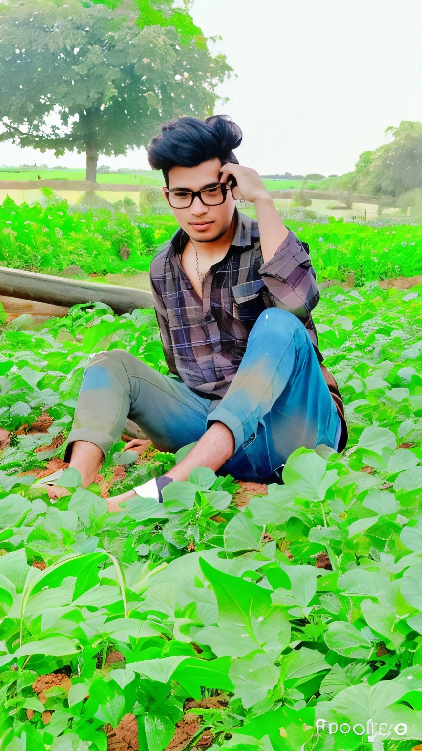 arafed man sitting in a field of green plants talking on a cell phone, very very low quality picture, amidst nature, in garden, photograpgy, in a field, ayan nag, stylish pose, full body photogenic shot, very artistic pose, candid picture, its name  greeny, in field high resolution, farm land, very clear picture