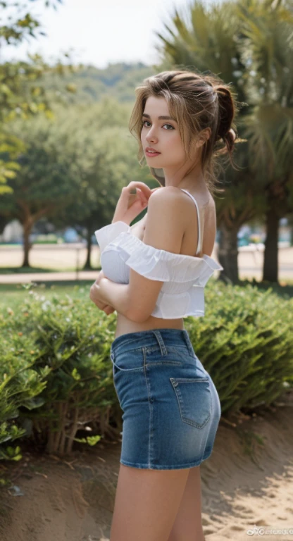 Best Quality, 超A high resolution, masutepiece, (Photorealistic:1.4), Solo Focus, (Slender body huge breasts young woman:1.photography, (Medium Wide Shot Cropped Leg:1.3), Three Quarter View Pose, (Cinematic lighting:1.2), Vibrant, Vivid Color, Detailed face, Detailed eyes, Random hairstyle, (off shoulder shirt, Mini skirt:1.2), (random place, Random seasons, Random weather:1.1)