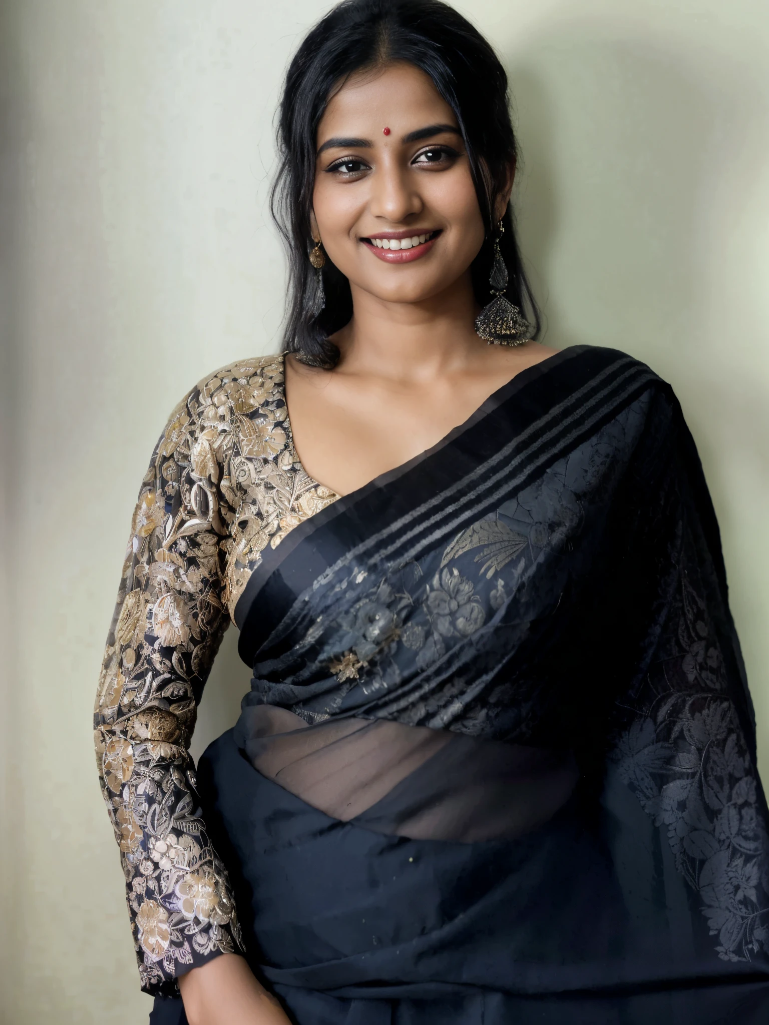 arafed woman in a black sari posing for a picture, with a seductive smile, dressed in a sari, wearing a sari, with an elegant smile, wearing a steampunk sari, with a happy expression, wearing sari, traditional beauty, with a black background, candid picture, candid!! dark background, sari, inspired by T. K. Padmini