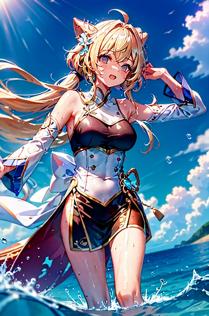 Best quality, tmasterpiece, Incredibly beautiful, very elaborate 8K wallpaper, otherworldly beautiful girl, , (Dark skin), (blonde hair pink gradient hair), Side pony, intermittently, Open your mouth and laugh, Long eyelashes, cosmetics, Close her eyes, (zoomout, bigger, BigREAK, 夏天, Beachy, (???), Reflection in the water, (Floating water drops blur foreground), (blue-sky), lens flare glow, (water splash), rays of sunshine,