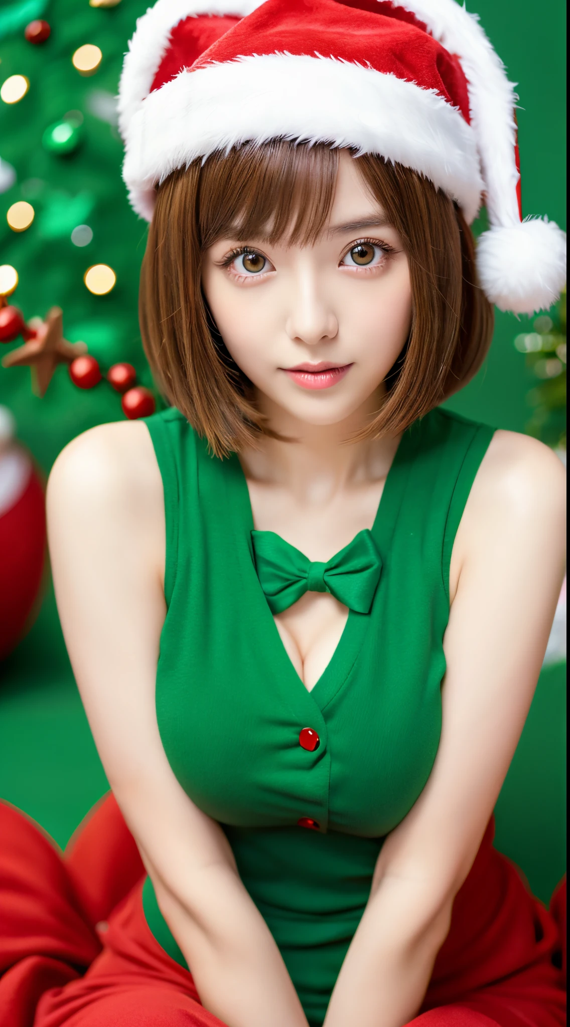 she is a cute korean girl、Brown bob cut hair、Big green eyes、breasts are small、santa claus cosplayer、Christmas Background、