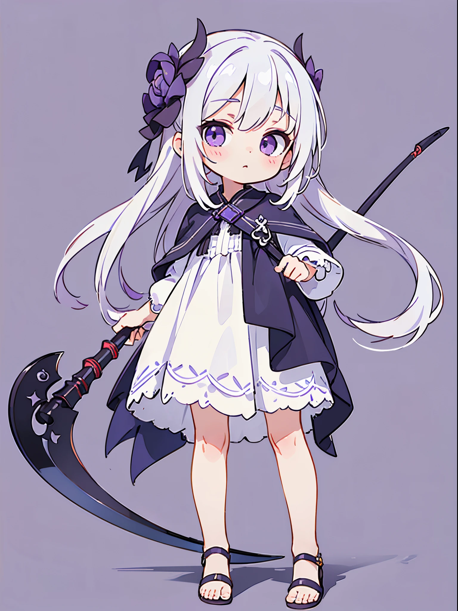 (masterpiece), (detailed), (detailed face), (detailed eyes) simple background, 1young girl, (child), (loli), purple eyes, eyes have light, standing, 1scythe toe, white hair, long hair, white dress, full body, (solo), ((realistic))