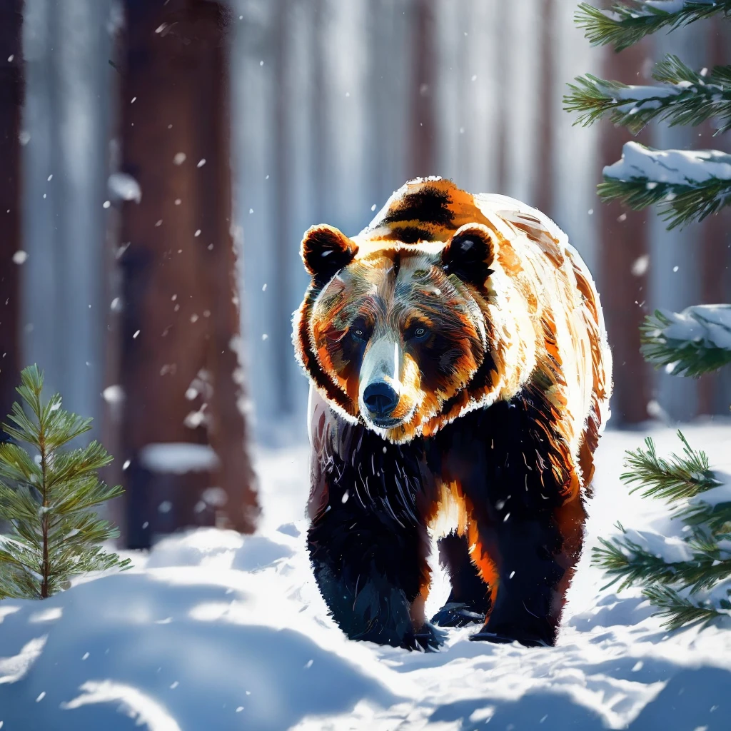 a bear walking through the snow in the woods, half grizzly bear, brown bear, grizzly, digital art animal photo, hd wallpaper, detailed beautiful animals, angry bear, beautiful nature, wallpaper hd, beautiful wallpaper, wallpaper 4k, wallpaper 4 k, amazing wallpaper, detailed painting 4 k, high quality wallpaper, mobile wallpaper, prowling through the forest