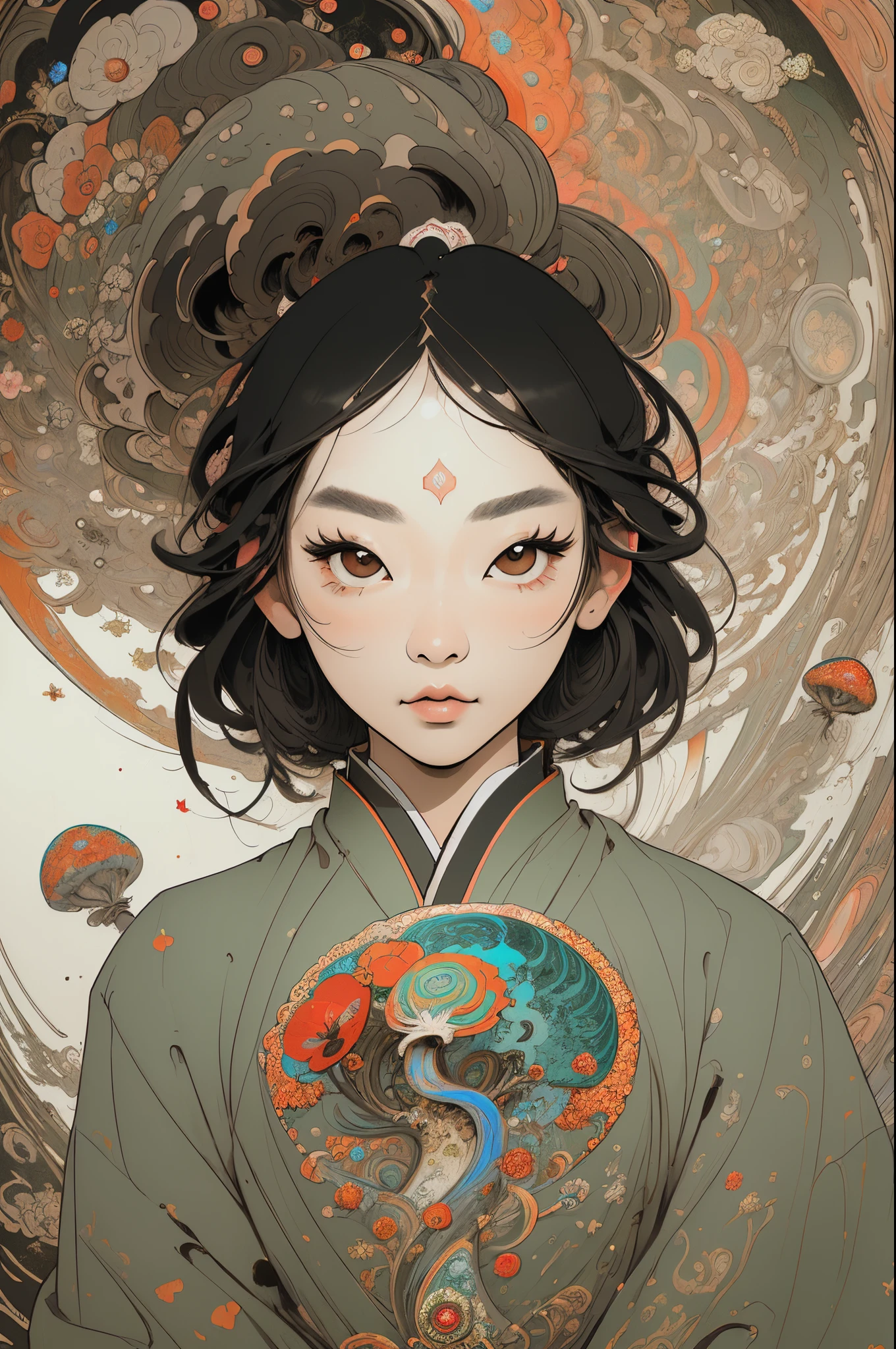 (Masterpiece, Best Quality, hight resolution:1.4), Detailed, intricate details, 4k, color splashes, line art, Art, Fibonacci, asian girl, shroom, psychedelic art, Beautiful charming face,DMT details, trippy, Tarot card style, Show all objects