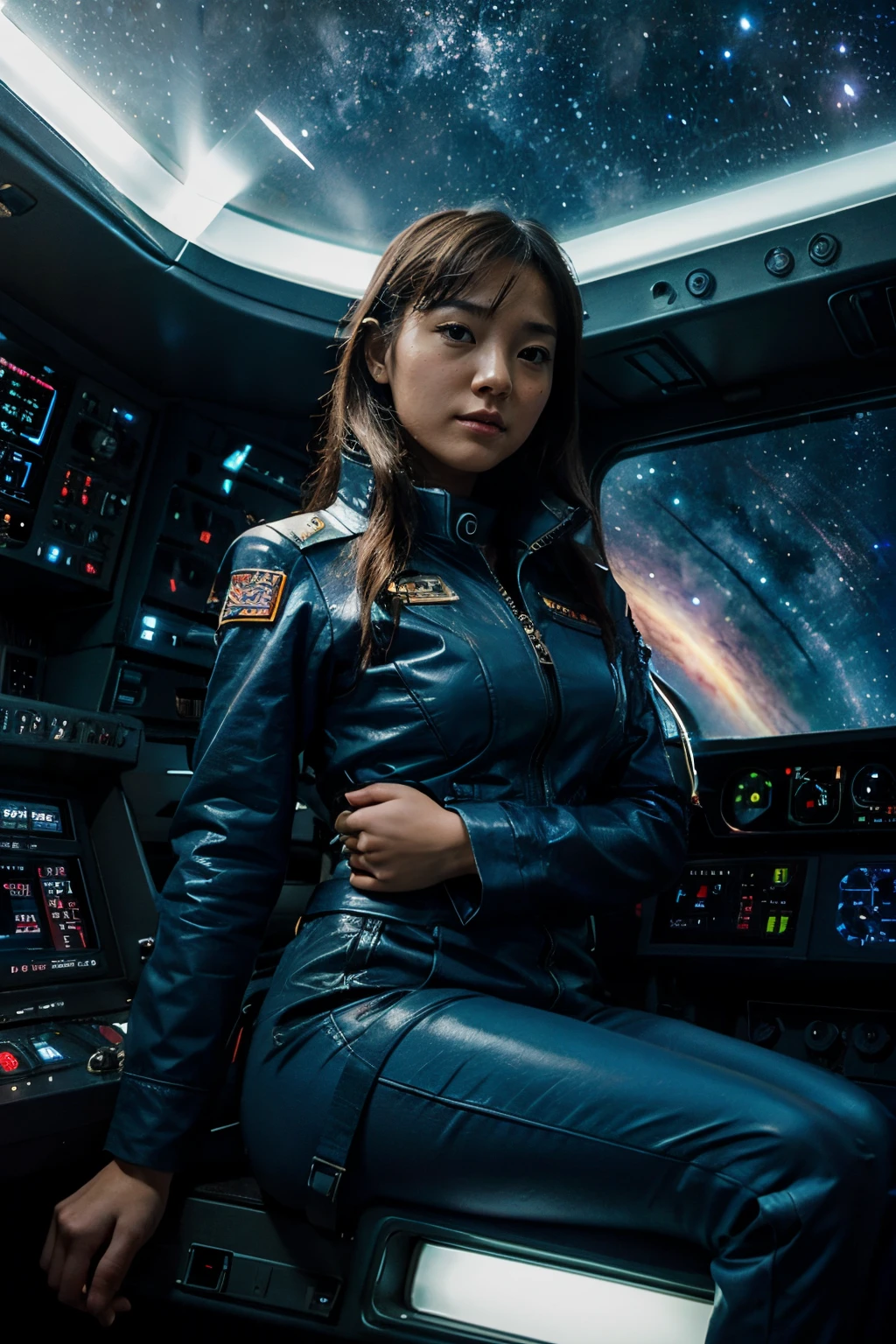 starship, pilot, bridge of ship, Japanese girl, galaxy, outerspace