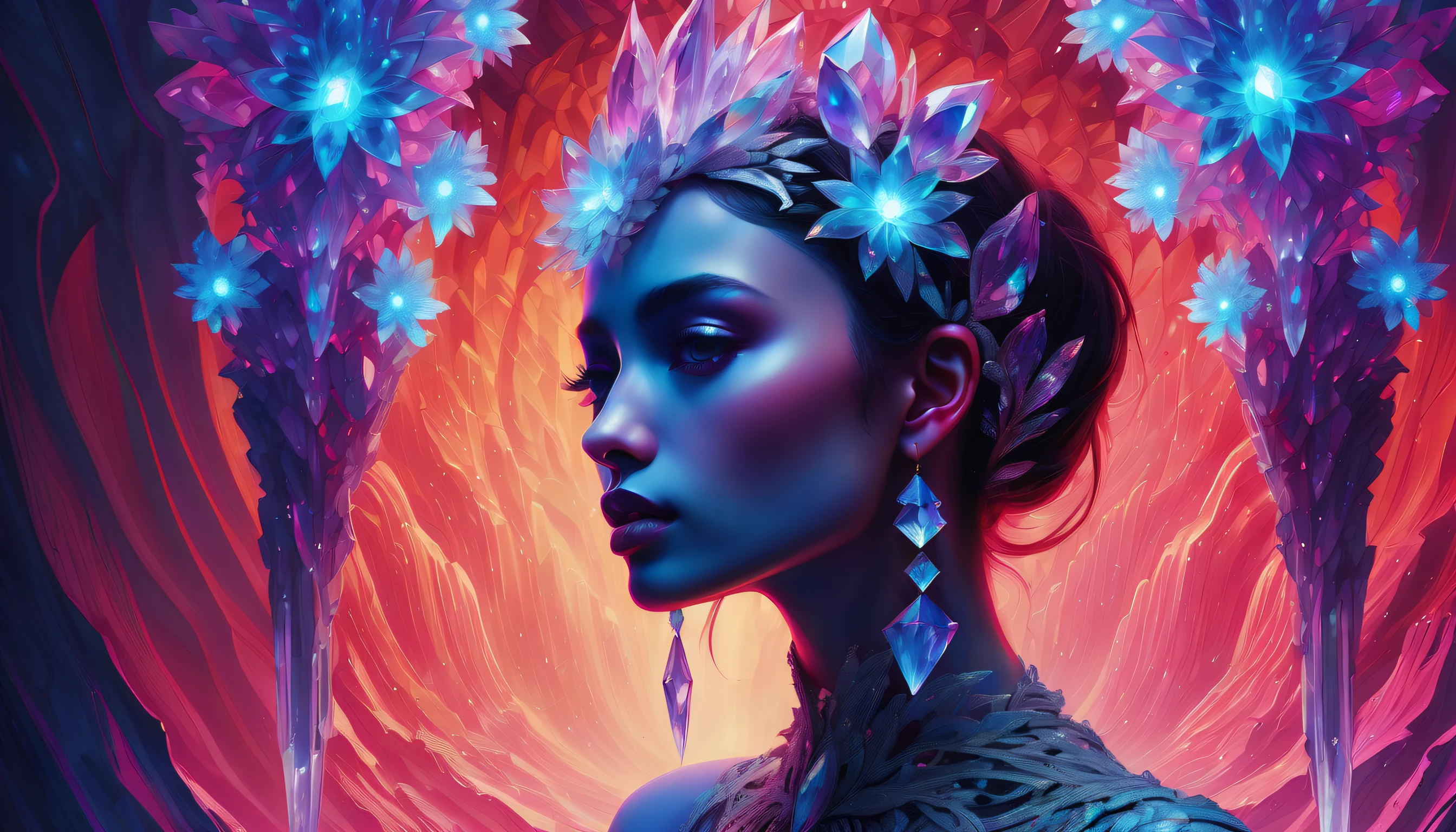 (((Have a wild look in the eyes that are stared at、Stunning side profile of a beautiful goddess-like woman grunge:1.Highly detailed at pixel level, (((close your mouth and close your eyes:1.3))), Wearing bold and interesting crystal flowers, Lots of neon glowing crystals, (((Intricate detail crystal cave background details:1.5))), (((Surrealism and super beauty crystal abstract illustration:1.4))), Capture every detail, intricate-detail, (((hightquality:1.1))), (((best beauty、cool quality:1.5))), (((Echoes of the Crystal Cave:1.1))), (((Intricate details dark fantasy gouache painting:1.4))). (((This bioluminescent crystal:1.2))), (((Amazing masterpiece quality due to the combination of ultra-realistic details and highly intricate details Beautiful details shine:1.3))), (((Unparalleled sharpness and clarity:1.1))), (((Radiosity rendered in stunning 32K resolution:1.3))), (((All captured with sharp focus:1.2))), (((Highest Quality:1.3))), (((hightquality:1.2))), ((Intricate details and crazy photorealistic painting techniques:1.3)),