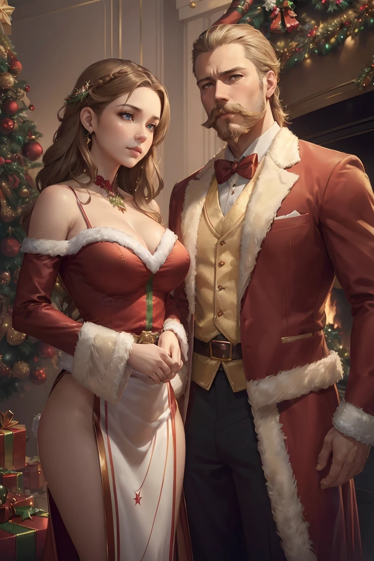 ((A couple in love)), ((woman with brown hair wearing a christmas gown medium breast)), standing with ((a masculine man with short blonde hair and a full blonde beard with mustache, in a red and white suit)), blue eyes, hair with many details, 8k artgerm bokeh, fanart best artstation, render photorealistic, guweiz-style art, inspired by WLOP, ig model | artgerm, detailed waist up portrait, stunning wait up portrait of realistic face, beautiful waist up portrait, deviantart artstation cgscosiety, cinematic realistic portrait, high quality portrait, elegant digital painting, photorealistic artstyle, ((Christmas living room background))
