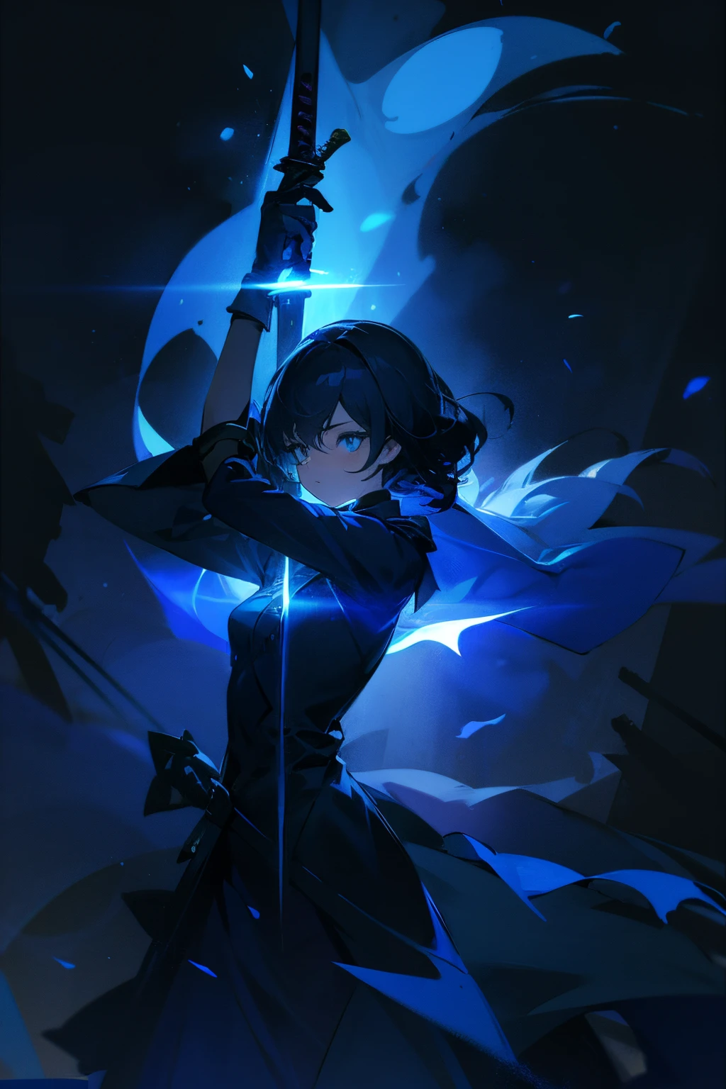 A silhouette of a girl with a two hands sword glowing blue amidst the darkness, the girl is completely dark, silhouette,Shrink your arms