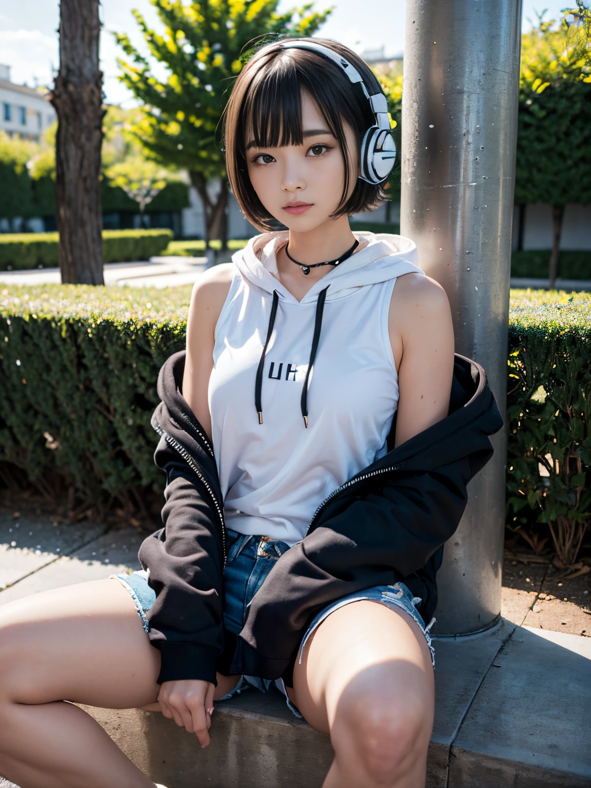 (masterpiece、ultra-detailliert、8K、top-quality:1.5)、((Awesome))、Shorthair with bangs、((White sleeveless、Wearing a black hoodie、Blue shorts))、smil、((Wear black headphones around your neck))、sitting on、a park、Put both hands in the pockets of your hoodie