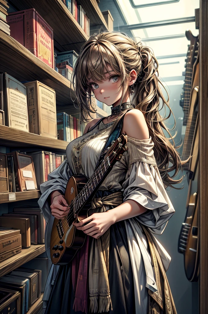 A girl with a unique style, wearing an outfit that mixes dreamlike and urban elements, her light brown hair that flows over her shoulders to her waist,  shines as she plays her majestic guitar, in a music studio full of instruments and shelves of books, ambiente aberto, aconchegante, full of rustic decoration mixed with the beauty of the instruments