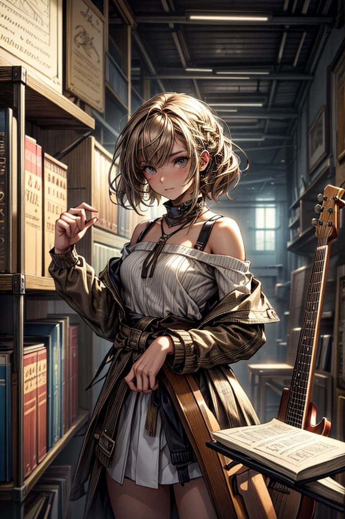 A girl with a unique style, wearing an outfit that mixes dreamlike and urban elements, her light brown hair that flows over her shoulders to her waist, shines as she plays her majestic guitar, in a music studio full of instruments and shelves of books, ambiente aberto, aconchegante, full of rustic decoration mixed with the beauty of the instruments