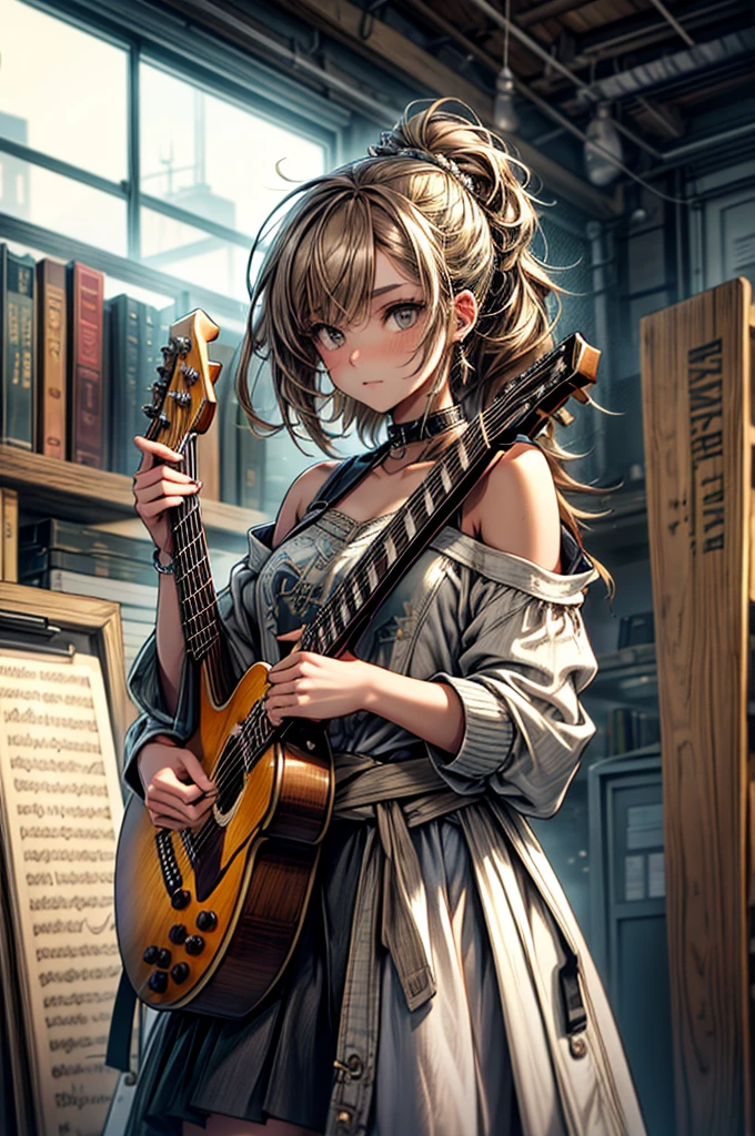 A girl with a unique style, wearing an outfit that mixes dreamlike and urban elements, her light brown hair that flows over her shoulders to her waist, shines as she plays her majestic guitar, in a music studio full of instruments and shelves of books, ambiente aberto, aconchegante, full of rustic decoration mixed with the beauty of the instruments