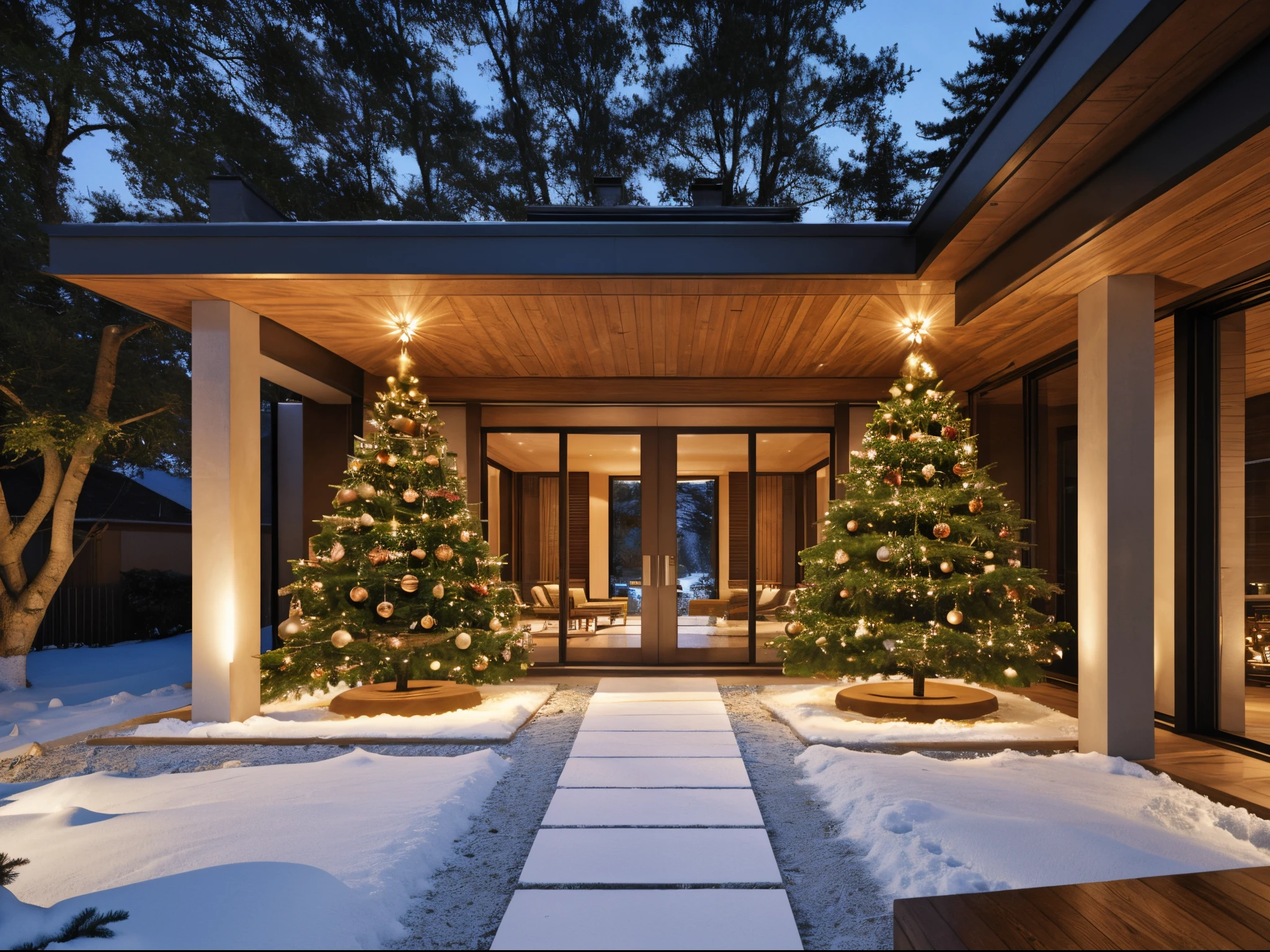 a villa modern pointed roof, exterior, style Christmas, (Christmas tree), glass window, snow, (pointed roof)