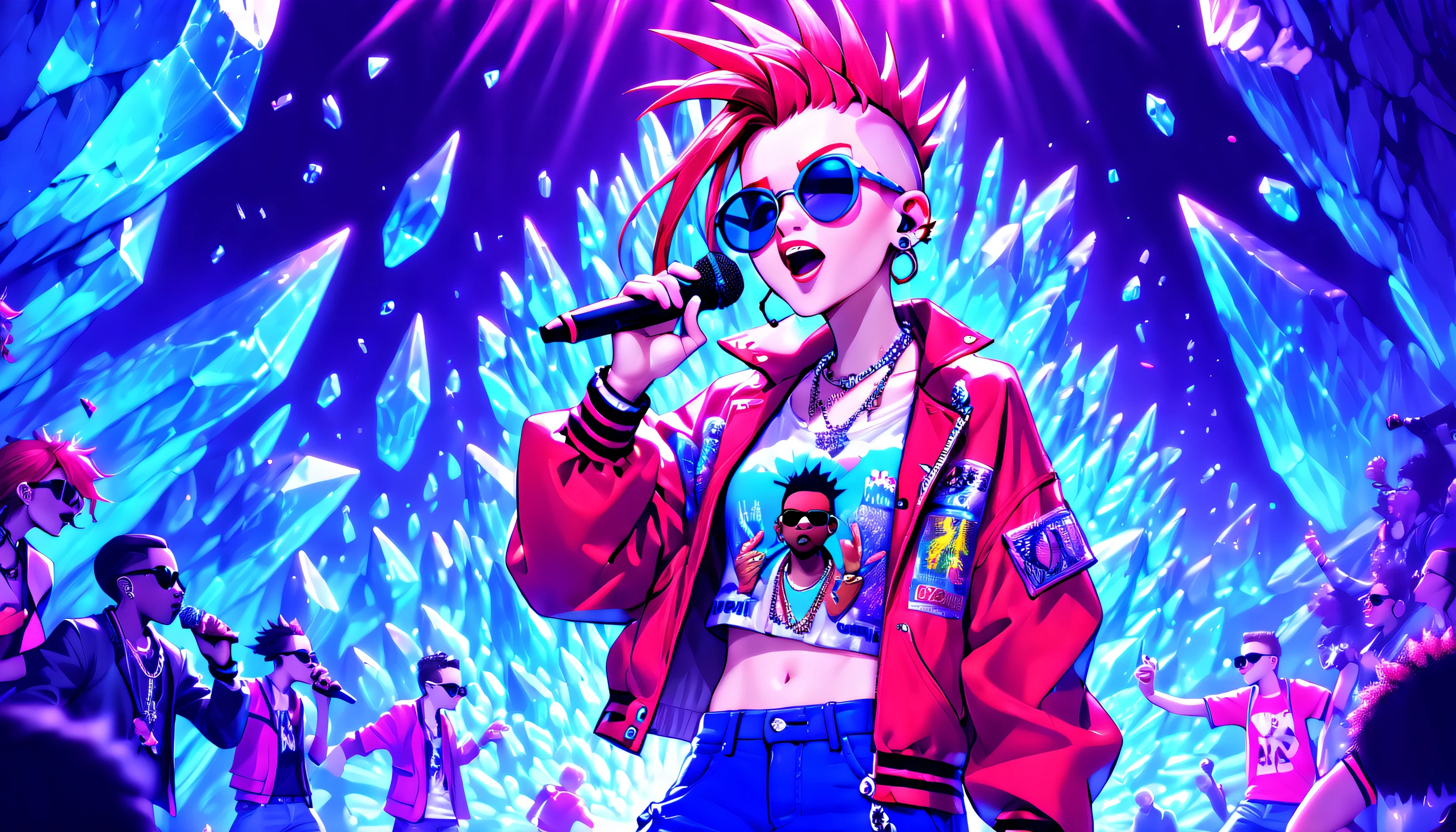(((Grunge mohawk punk girl with a wild look in her staring eyes, Round sunglasses, Open Mouth and Screaming, Enjoying the taste of the microphone in my hand, He wears a bold red jacket and flashy shirt., Baggy blue pants inspired by hip-hop, Standing dance on the crystal stage, Lots of neon glowing crystals, (((Intricate detail crystal cave background details:1.5))), Realism and super illustration, Capture every detail, intricate-detail, hightquality, best beauty、cool quality:1.5))), (((Intricate detail crystal cave reverberation dark fantasy gouache painting:1.4))). (((This bioluminescent crystal:1.2))), (((Amazing masterpiece quality due to the combination of ultra-realistic details and highly intricate details Beautiful details shine:1.3))), (((Unparalleled sharpness and clarity:1.1))), (((Radiosity rendered in stunning 32K resolution:1.3))), (((All captured with sharp focus:1.2))), (((Highest Quality:1.3))), (((hightquality:1.2))), ((Intricate details and crazy photorealistic painting techniques:1.3)),