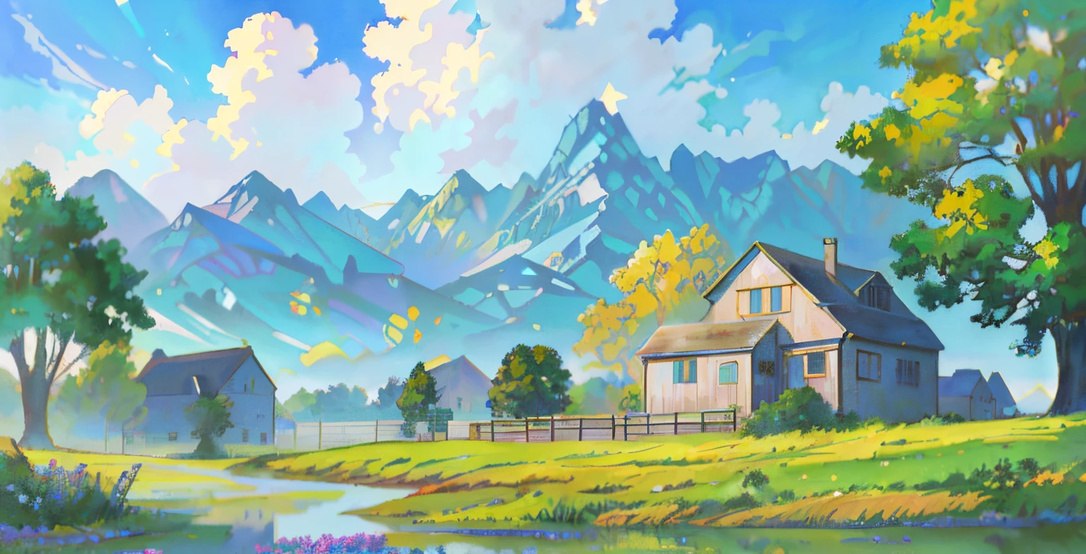 there  a painting of a house in the middle of a field, anime countryside landscape, anime background art, anime scenery concept art, anime landscape, anime landscape wallpaper, beautiful anime scenery, anime scenery, distant village background, studio glibly makoto shinkai, anime background, style of makoto shinkai, anime movie background, beautiful anime scene