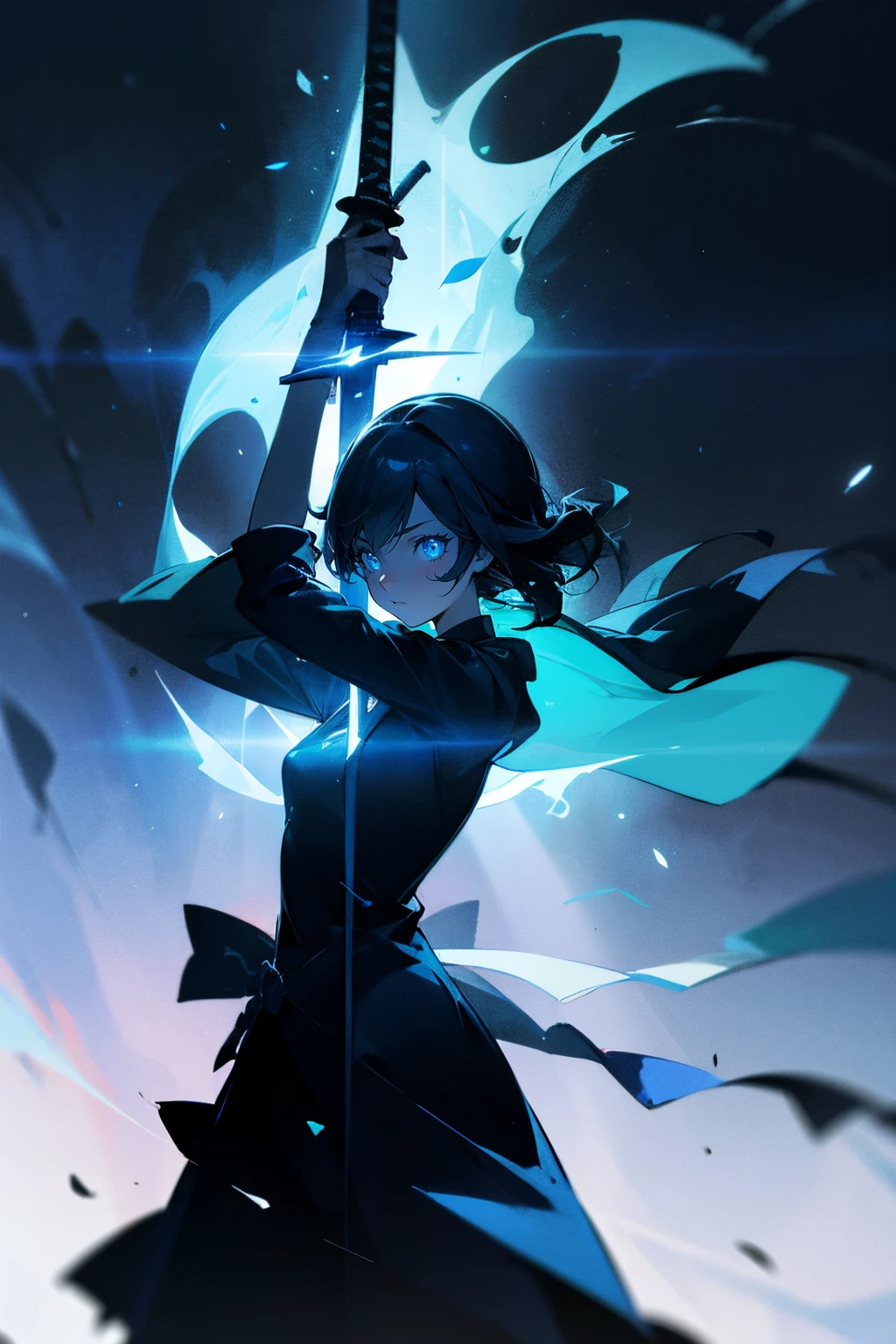 A silhouette of a girl with a two hands sword glowing blue amidst the darkness, the girl is completely dark, silhouette,Shrink your arms, focus face