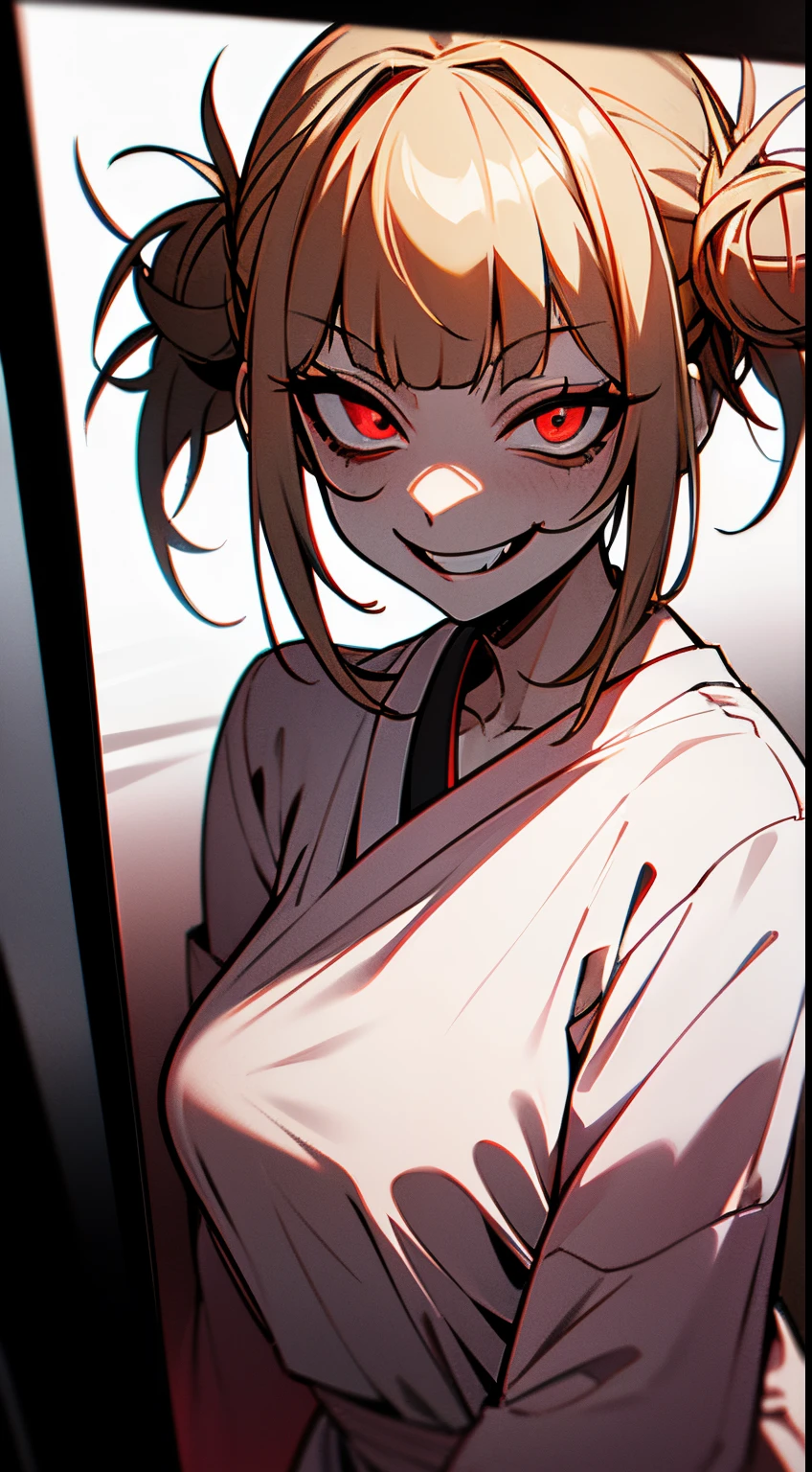 4K ultra high resolution image, Himiko Toga possessed by middle aged man, glowing red eyes, evil smile, horrifying dark scene, in a morgue, looking in the mirror pov,  wearing white hospital gown