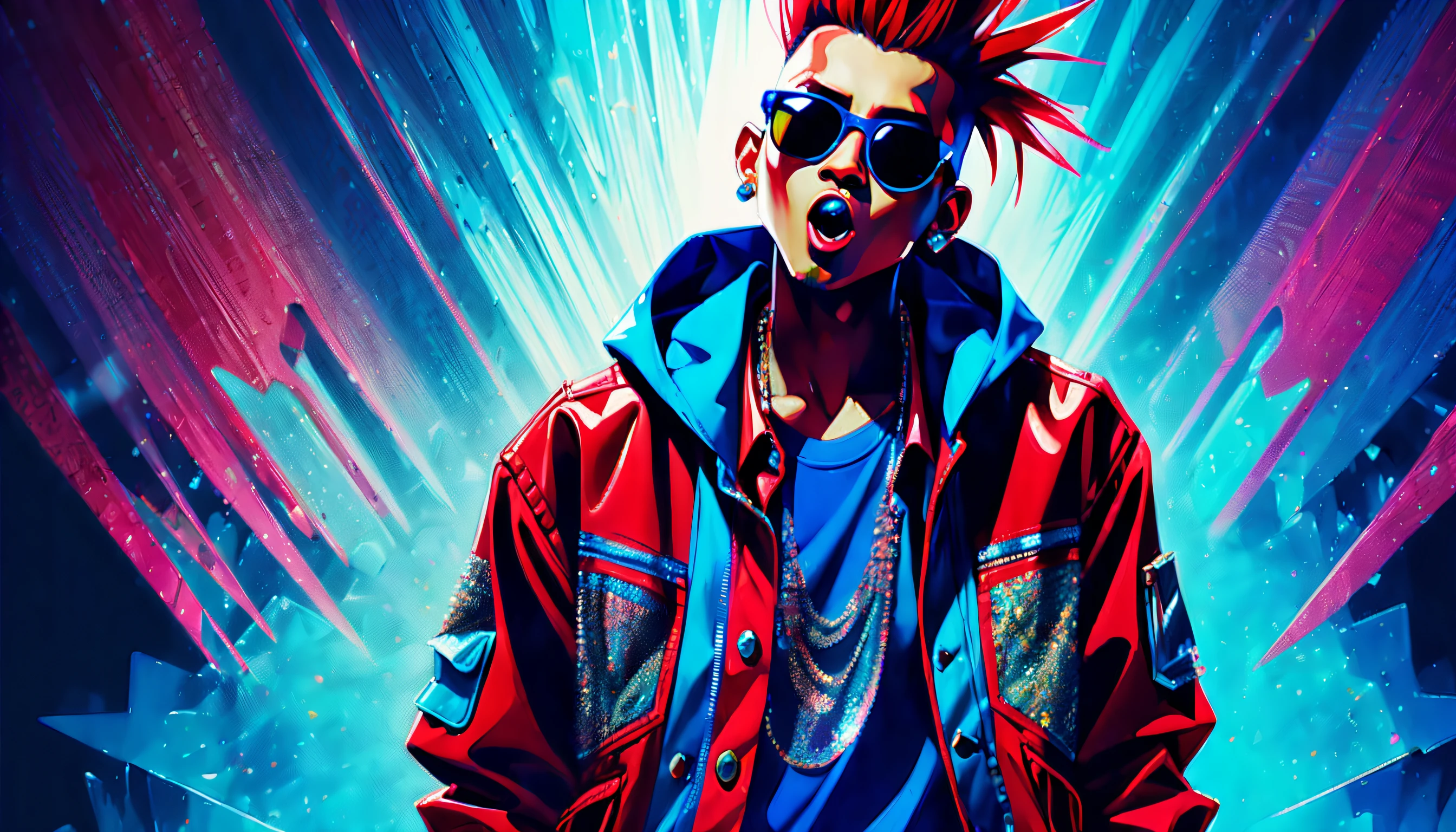 (((Grunge punk boy with a mohawk with a wild look in his eyes, Round sunglasses, Open Mouth and Screaming, Enjoying the taste of the microphone in my hand, He wears a bold red jacket and flashy shirt., Baggy blue pants inspired by hip-hop, Standing dance on the crystal stage, Lots of neon glowing crystals, Intricate details crystal cave background details, Realism and super illustration, Capture every detail, intricate-detail, hightquality, best beauty、cool quality:1.5))), (((Intricate detail crystal cave reverberation dark fantasy gouache painting:1.4))). (((This bioluminescent crystal:1.2))), (((Amazing masterpiece quality due to the combination of ultra-realistic details and highly intricate details Beautiful details shine:1.3))), (((Unparalleled sharpness and clarity:1.1))), (((Radiosity rendered in stunning 32K resolution:1.3))), (((All captured with sharp focus:1.2))), (((Highest Quality:1.3))), (((hightquality:1.2))), ((Intricate details and crazy photorealistic painting techniques:1.3)),