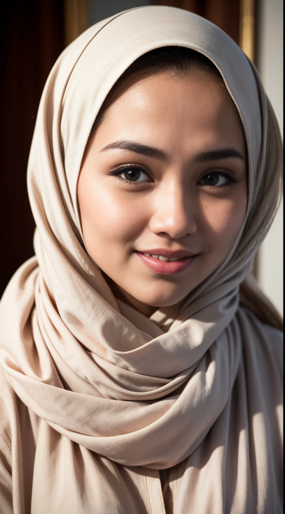 1 malay girl , modern plain hijab,  shy, medium portrait shot , watery  eyes ,lip watery, lip glossy, open mounth, ((big breast)), 1 Malay girl, modern plain hijab, shy, medium portrait, watery eyes, RAW, Best quality, high resolution, masterpiece: 1.3), beautiful Malay woman in hijap:0.8),perfect nose,perfect lips, perfect eyes, detail :1.2), big breast, beautifull face, soft smile,Beautiful woman wearing a hijap,  a woman in a beige dress and a white scarf,  hijab, jessica kumala wongso, handsome girl, lovely smile, lovely woman, with lovely look, with a beautifull smile, cute beautiful