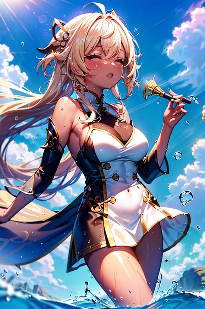 Best quality at best, tmasterpiece, Incredibly beautiful, very elaborate 8K wallpaper, otherworldly beautiful girl, , (White skin of the), (blonde hair pink gradient hair), Side pony, intermittently, Open your mouth and laugh, Long eyelashes, cosmetics, Close her eyes, (zoomout, The large, BigREAK, 夏天, Beachy, (比基尼), Reflection in the water, (Floating water drops blur foreground), (blue-sky), lens flare glow, (water splash), rays of sunshine,