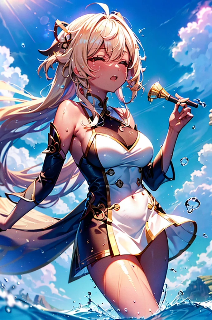 Best quality at best, tmasterpiece, Incredibly beautiful, very elaborate 8K wallpaper, otherworldly beautiful girl, , (White skin of the), (blonde hair pink gradient hair), Side pony, intermittently, Open your mouth and laugh, Long eyelashes, cosmetics, Close her eyes, (zoomout, The large, BigREAK, 夏天, Beachy, (比基尼), Reflection in the water, (Floating water drops blur foreground), (blue-sky), lens flare glow, (water splash), rays of sunshine,