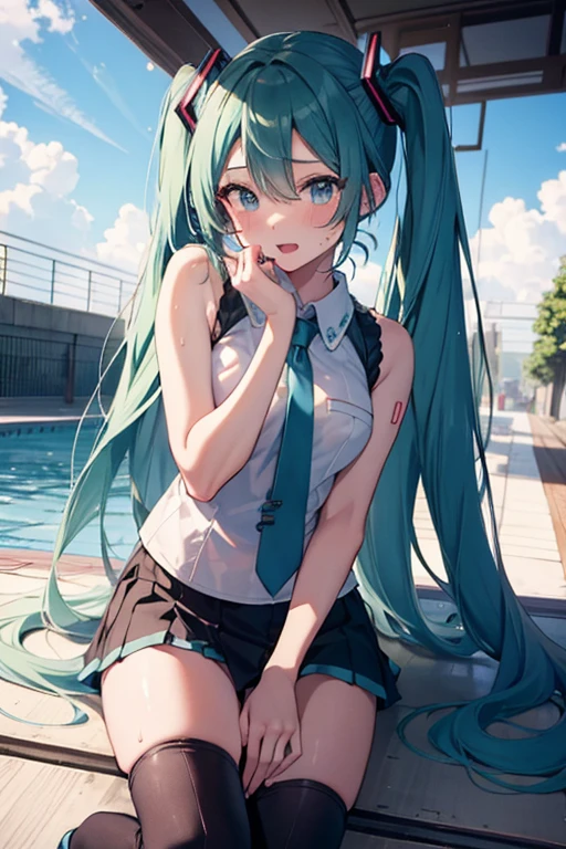 masterpiece、Top image quality、超A high resolution、NSFW、miku hatsune、Squat,vaginal,Girl trembling with sexual climax,((Ejaculation all over the body)),Bukkake,Sateen,in poolside,School building in the background,Body getting wet,Full limbs,complete fingers,pissing,1male people,heart shaped pupils,all-fours,Light school swimwear,Sweat,